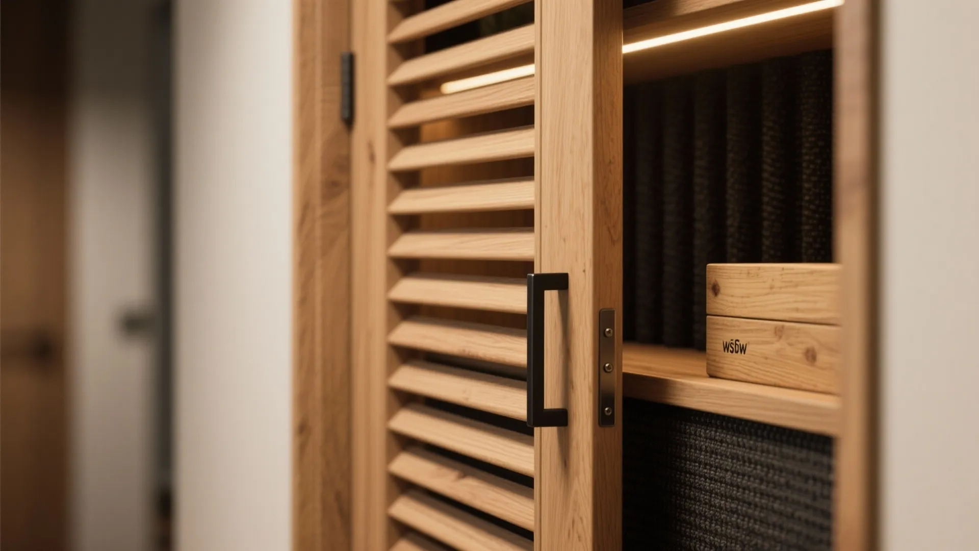 Close up of wooden cabinet door with slatted design black handle and warm internal shelf lighting