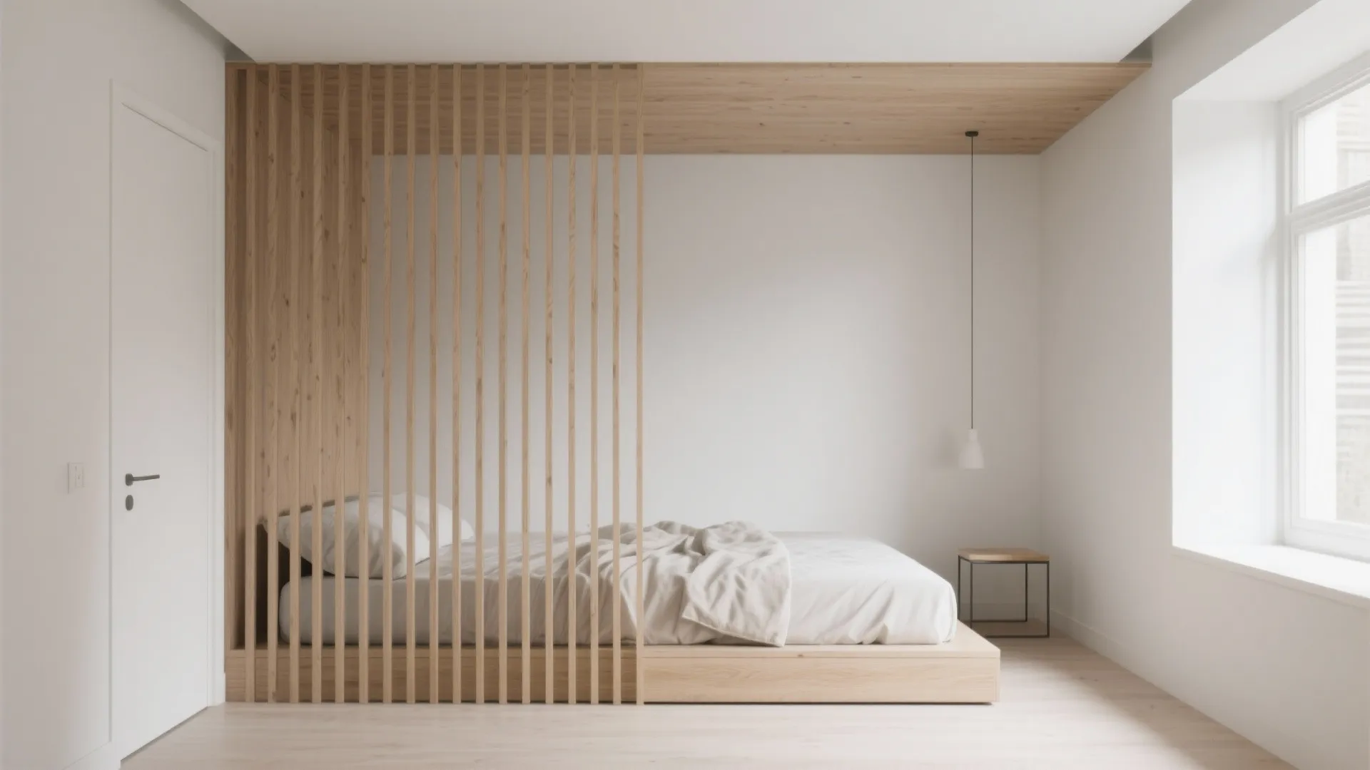 Minimalist floor-to-ceiling slatted oak divider zoning a sleeping nook in a bright studio.