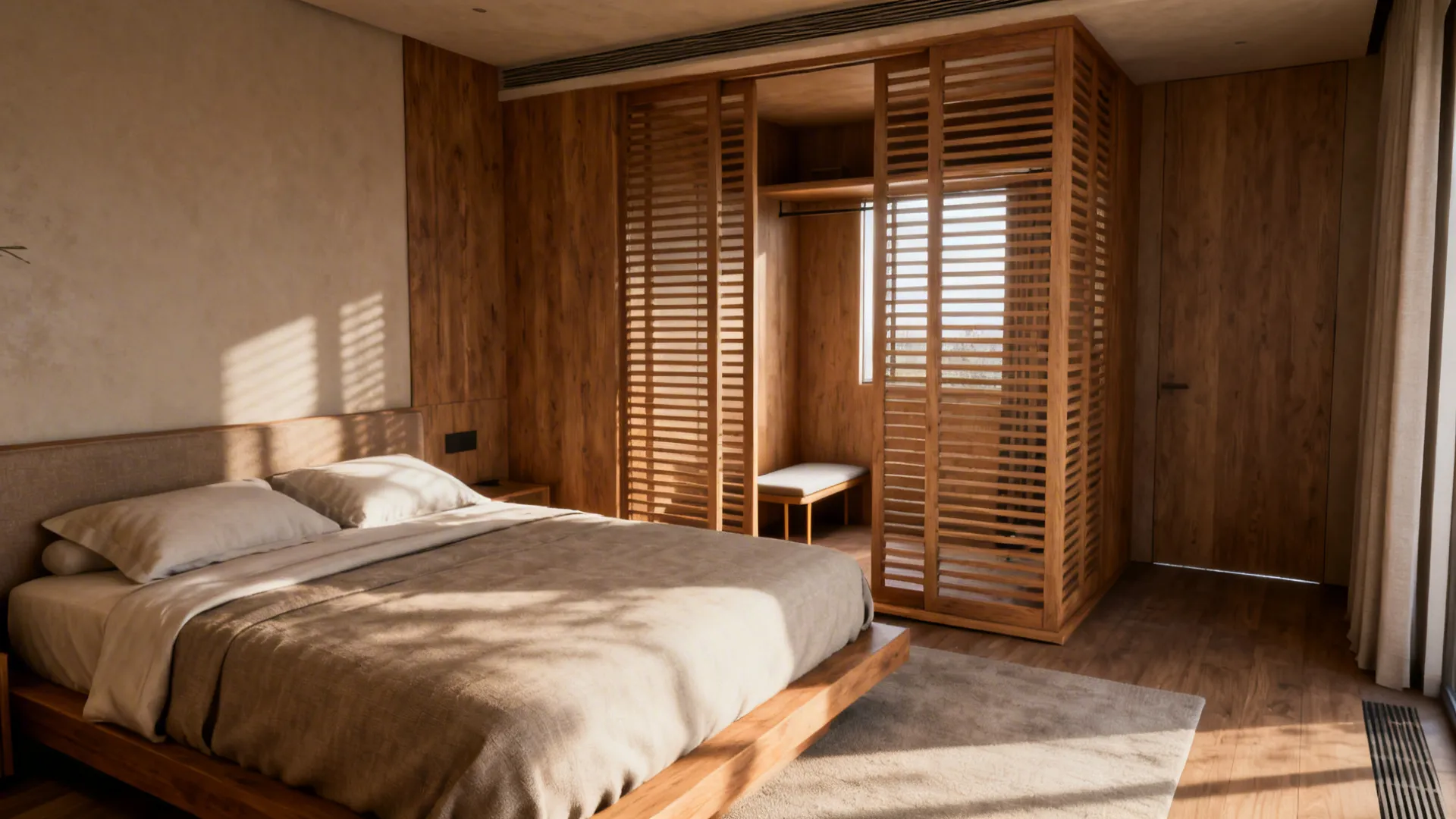 Low slatted divider at foot of king bed defining a tiny dressing nook in a small room