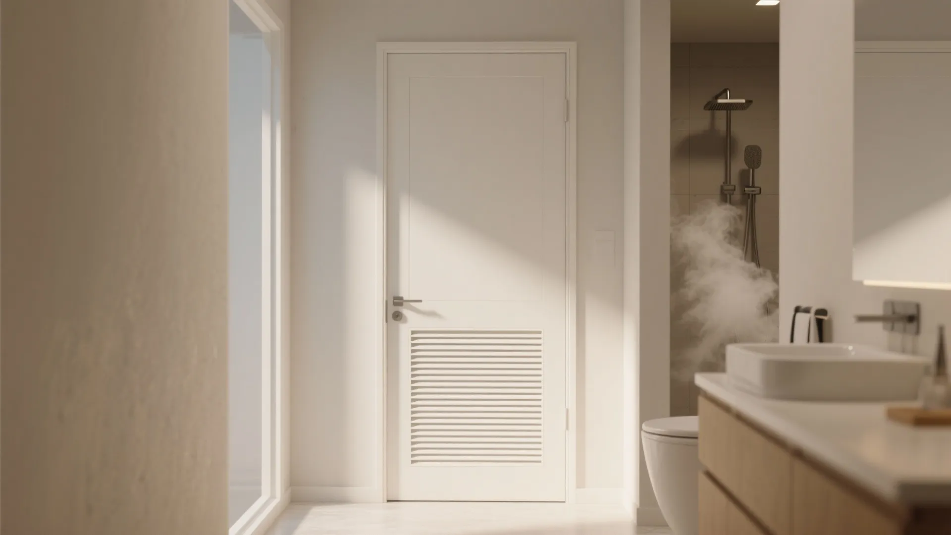 Modern white bathroom door with ventilation slats featuring a steam filled shower and sink area