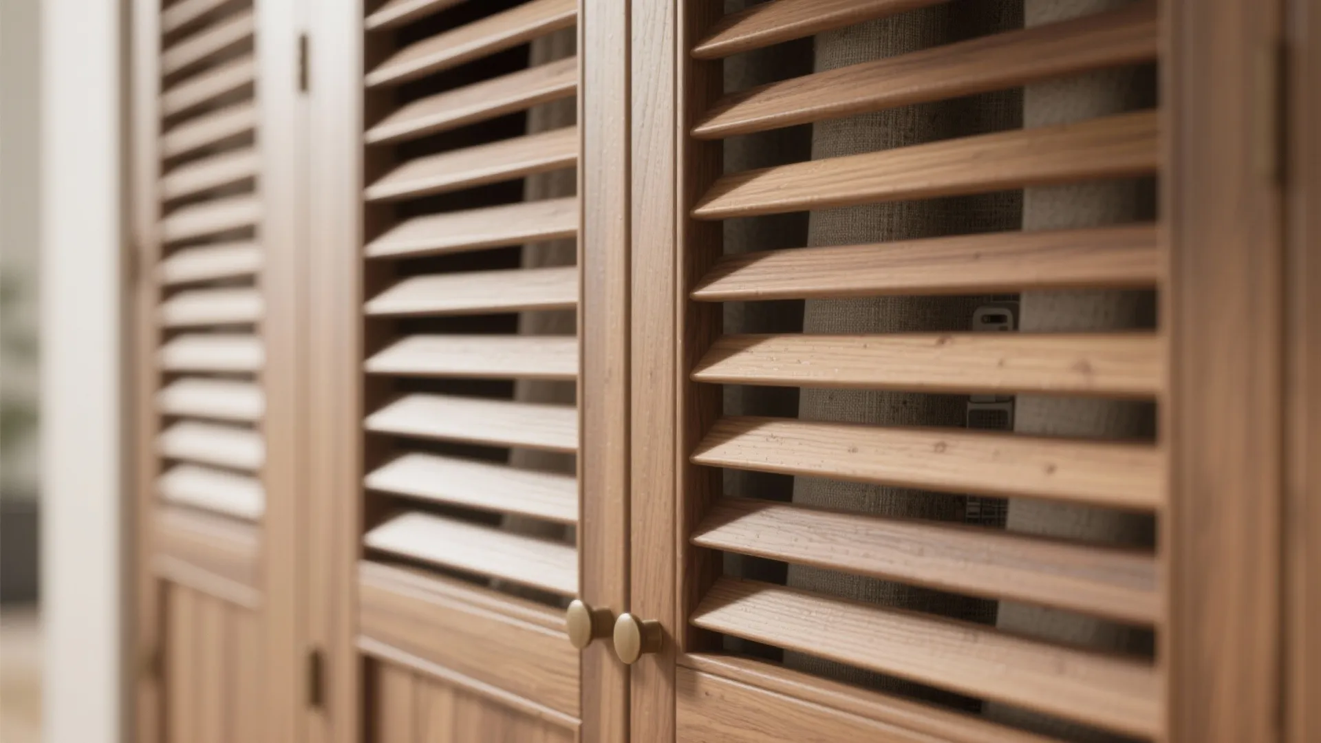 Close up of wooden closet doors with horizontal slats and small round gold metal handles