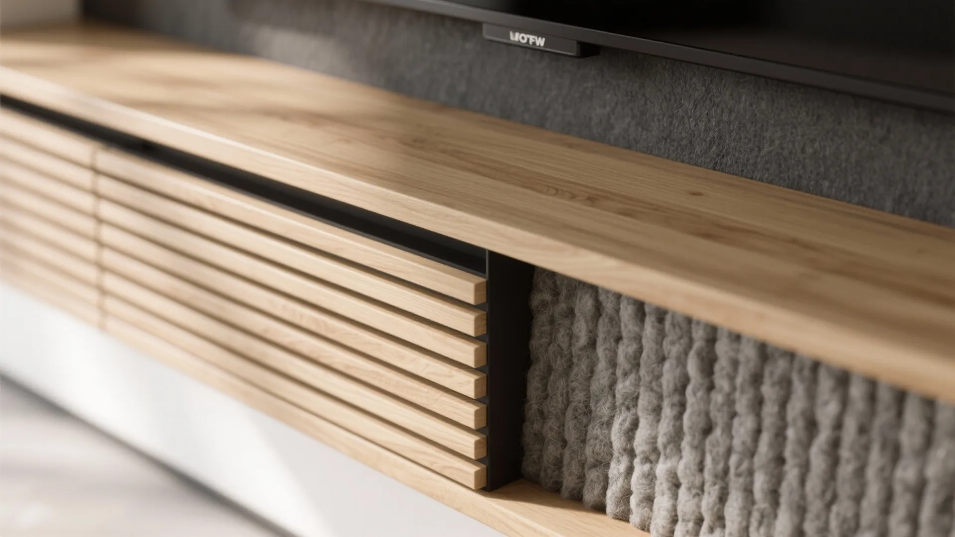 Textured Panels: Slatted Wood and Acoustic Fabric