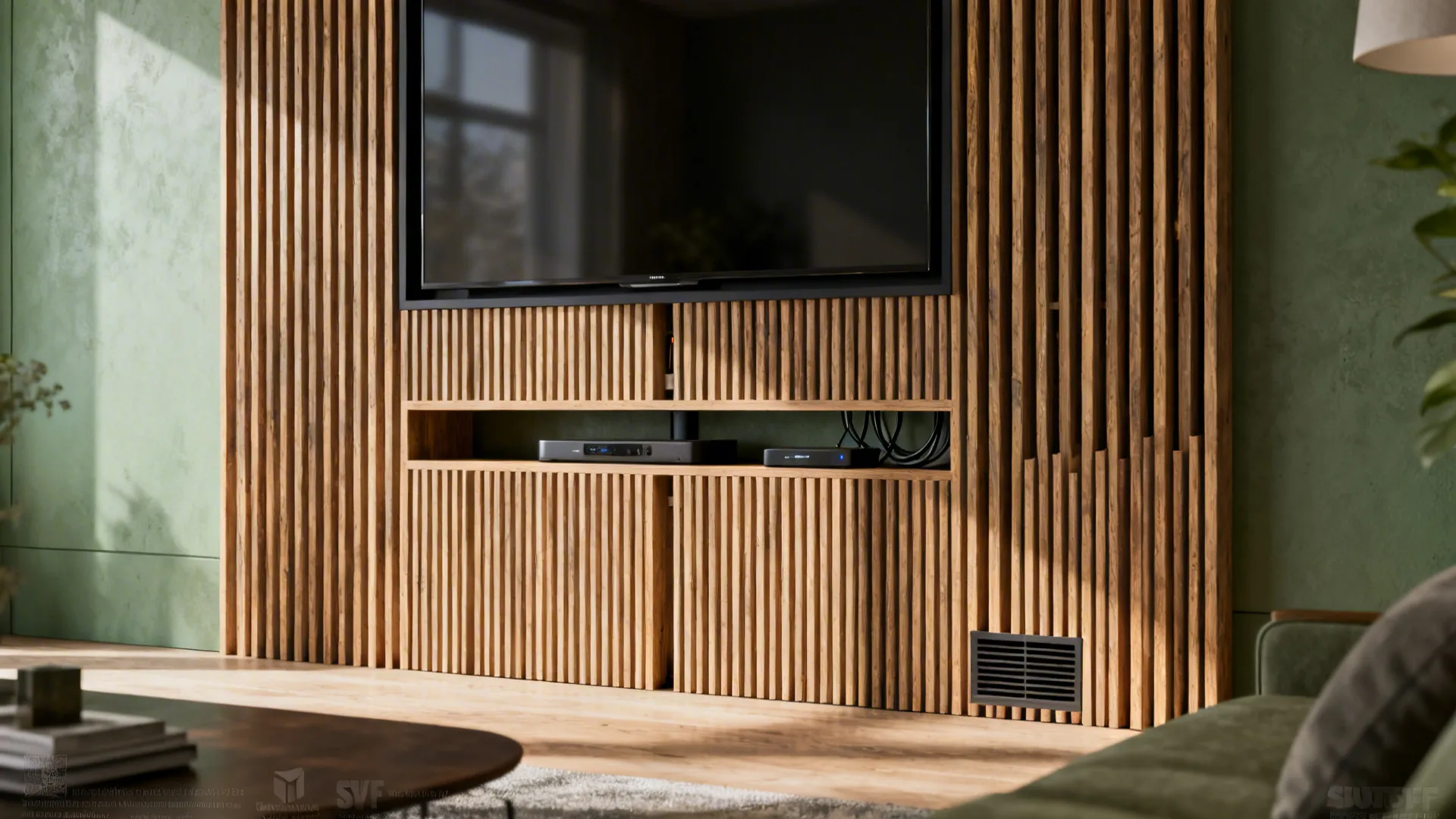 Textured slatted feature wall hiding TV cables with ventilation gaps for devices