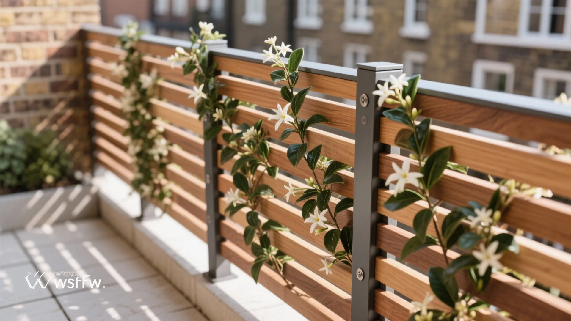 Wooden balcony railing decorated with climbing white jasmine flowers and green leaves in an urban setting