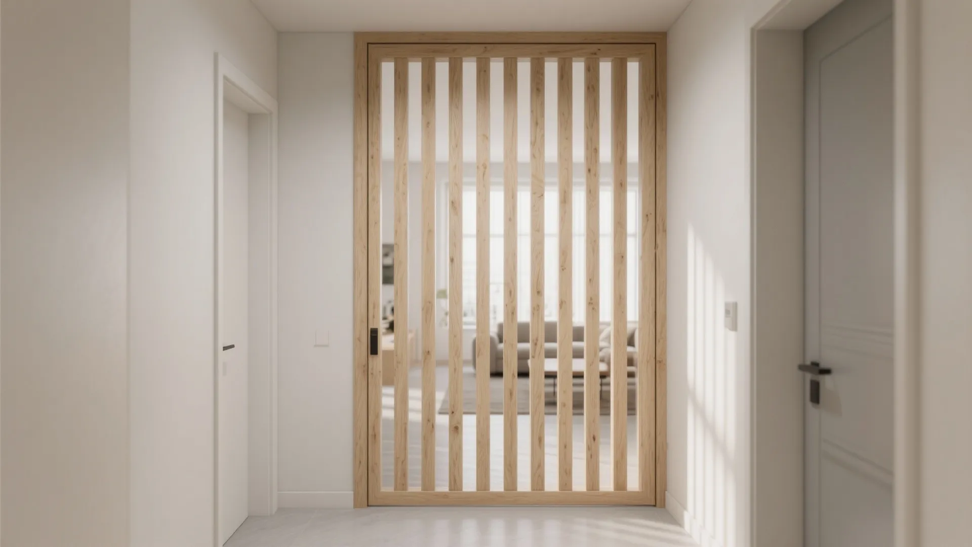 Wooden slat sliding door in hallway showing bright living room with sofa and wood table