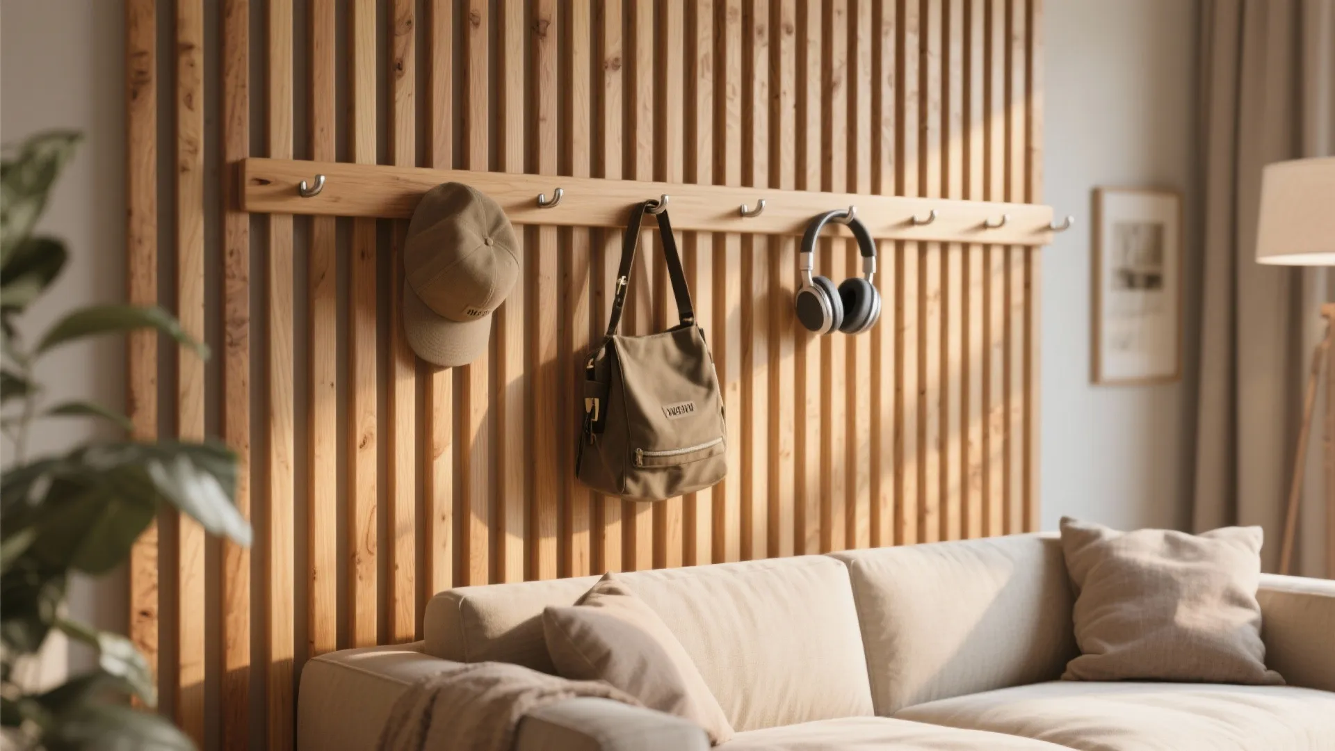 Slatted Wood Wall Rack with Hidden Hooks