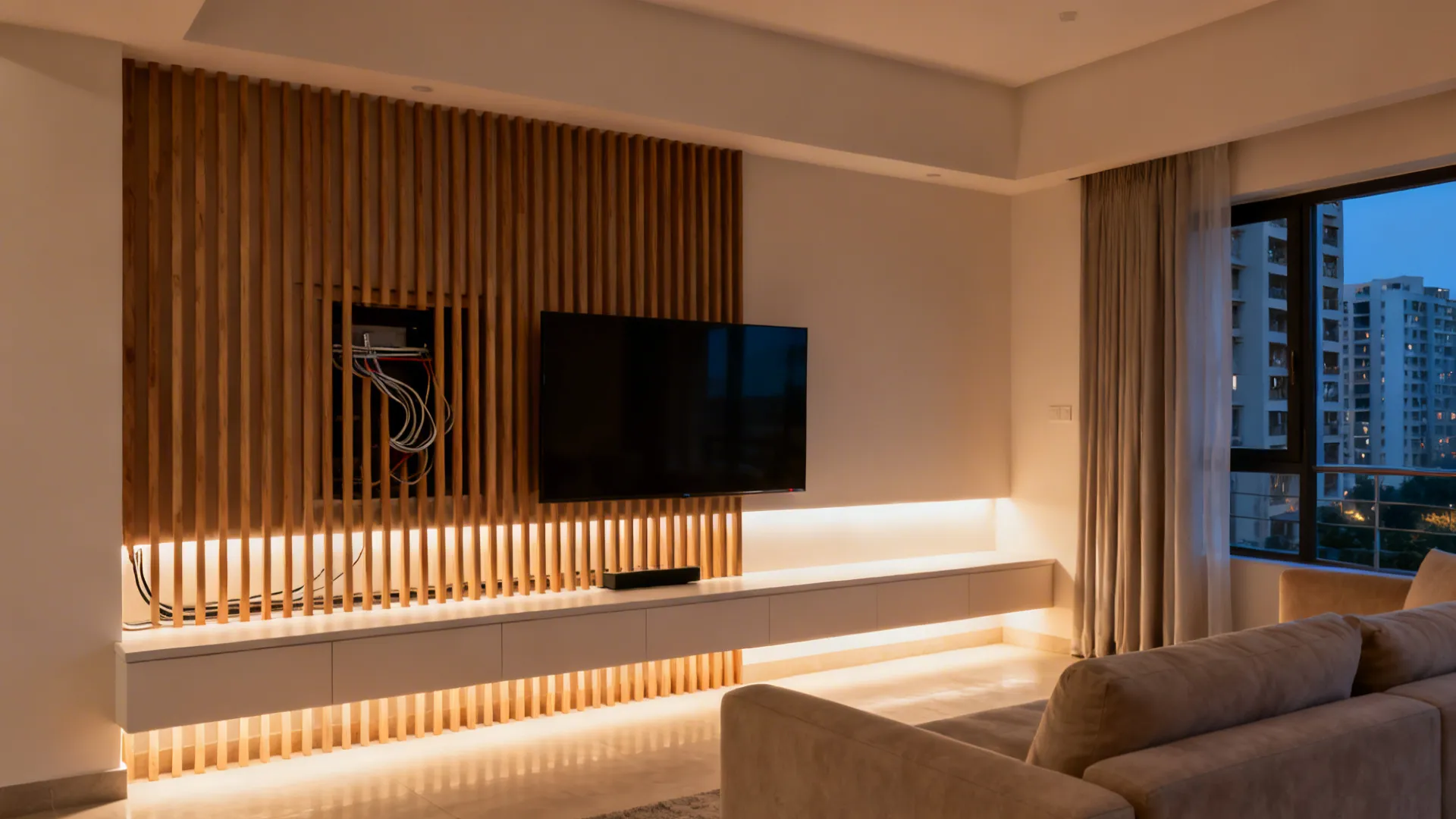 Vertical slat TV wall with warm hidden LED backlighting in a modern Indian living room.