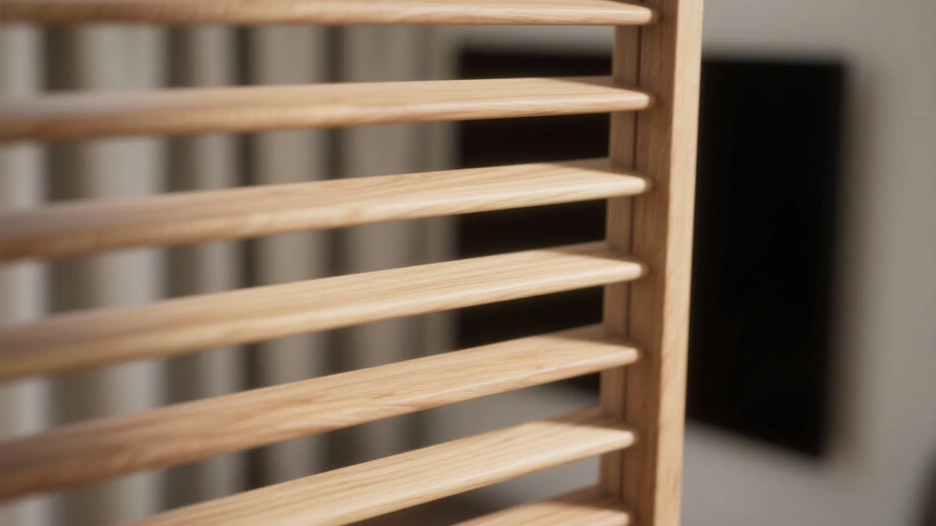 Close up of horizontal wooden slats used as a room divider in a modern interior room
