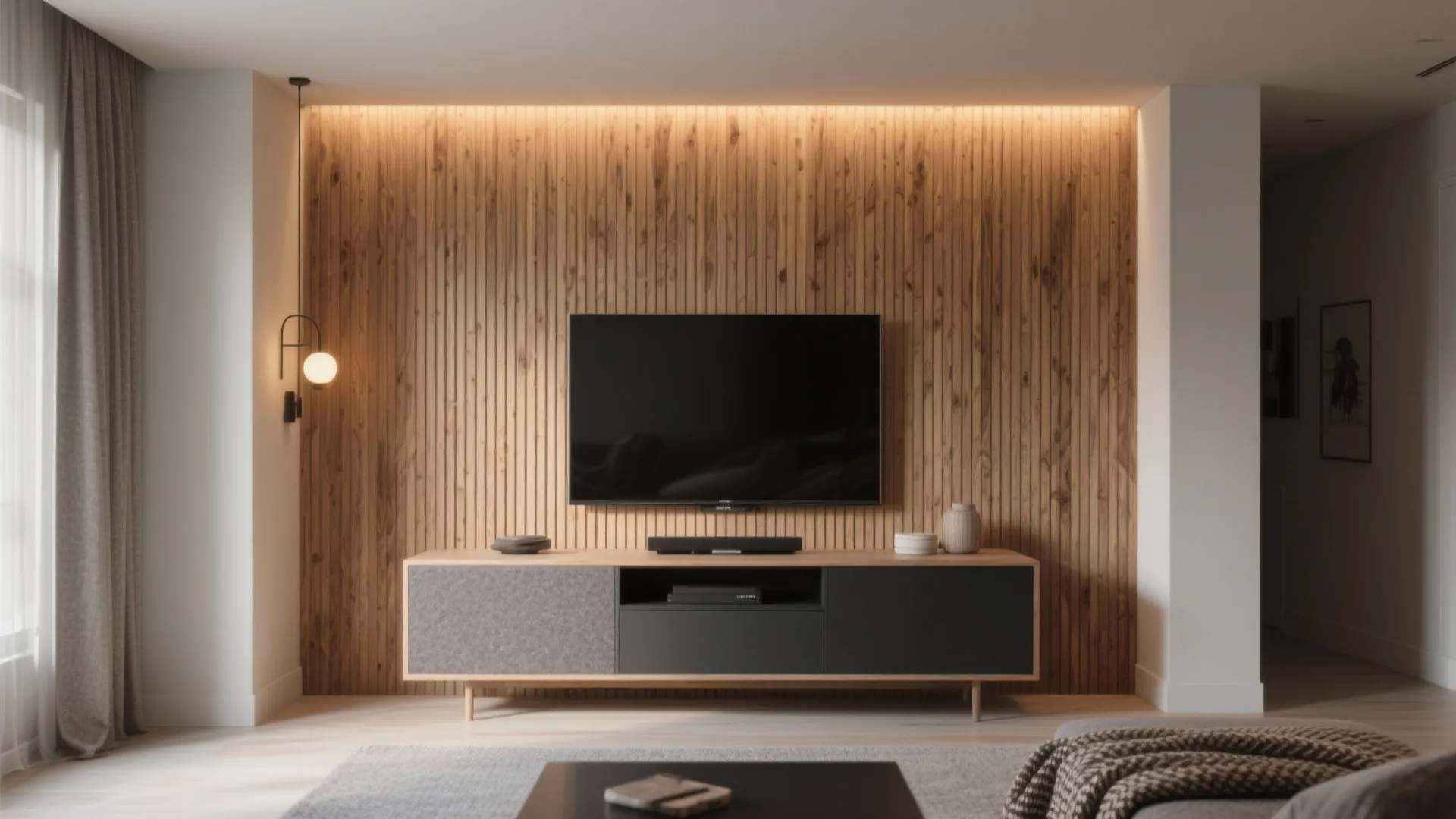 Slatted Wood Media Wall, Warmth with Light Control