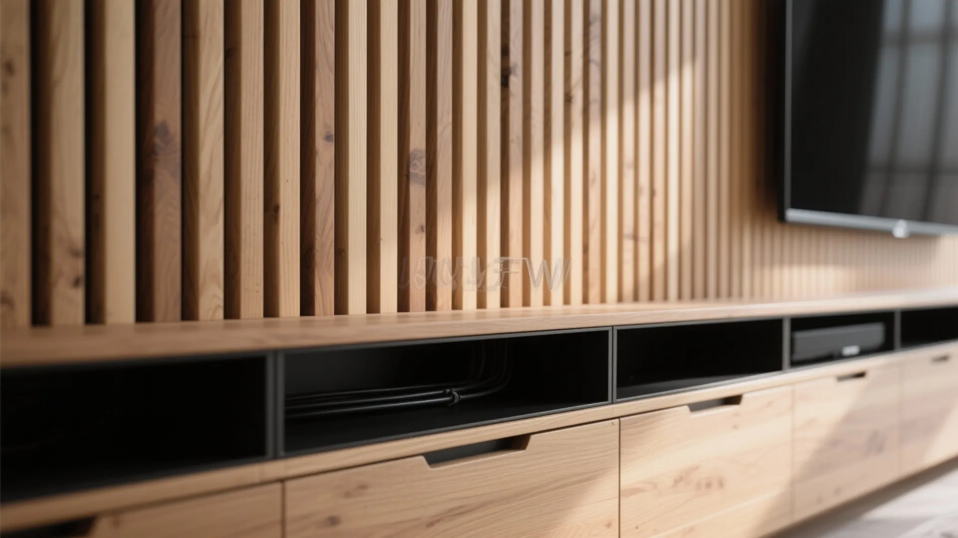 Modular Slatted Wood Media Wall