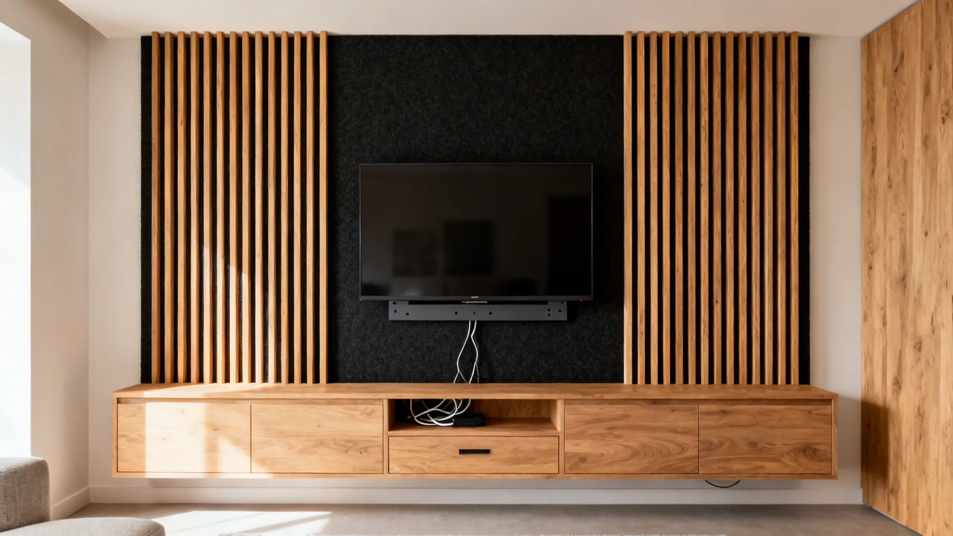 Oak slatted media wall with black acoustic felt backing and concealed cabling in a cozy living room.