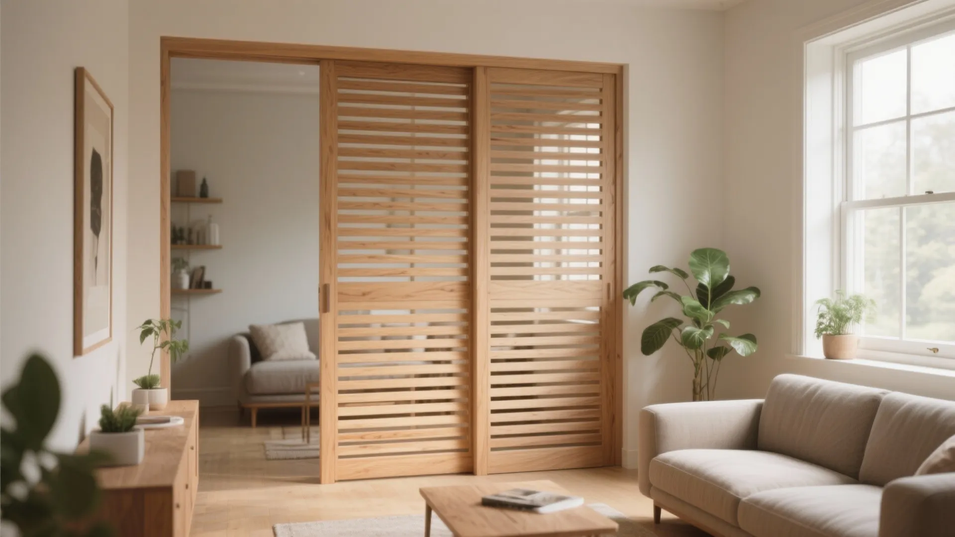 Bright living room with wooden slatted sliding doors separating the space from another cozy area