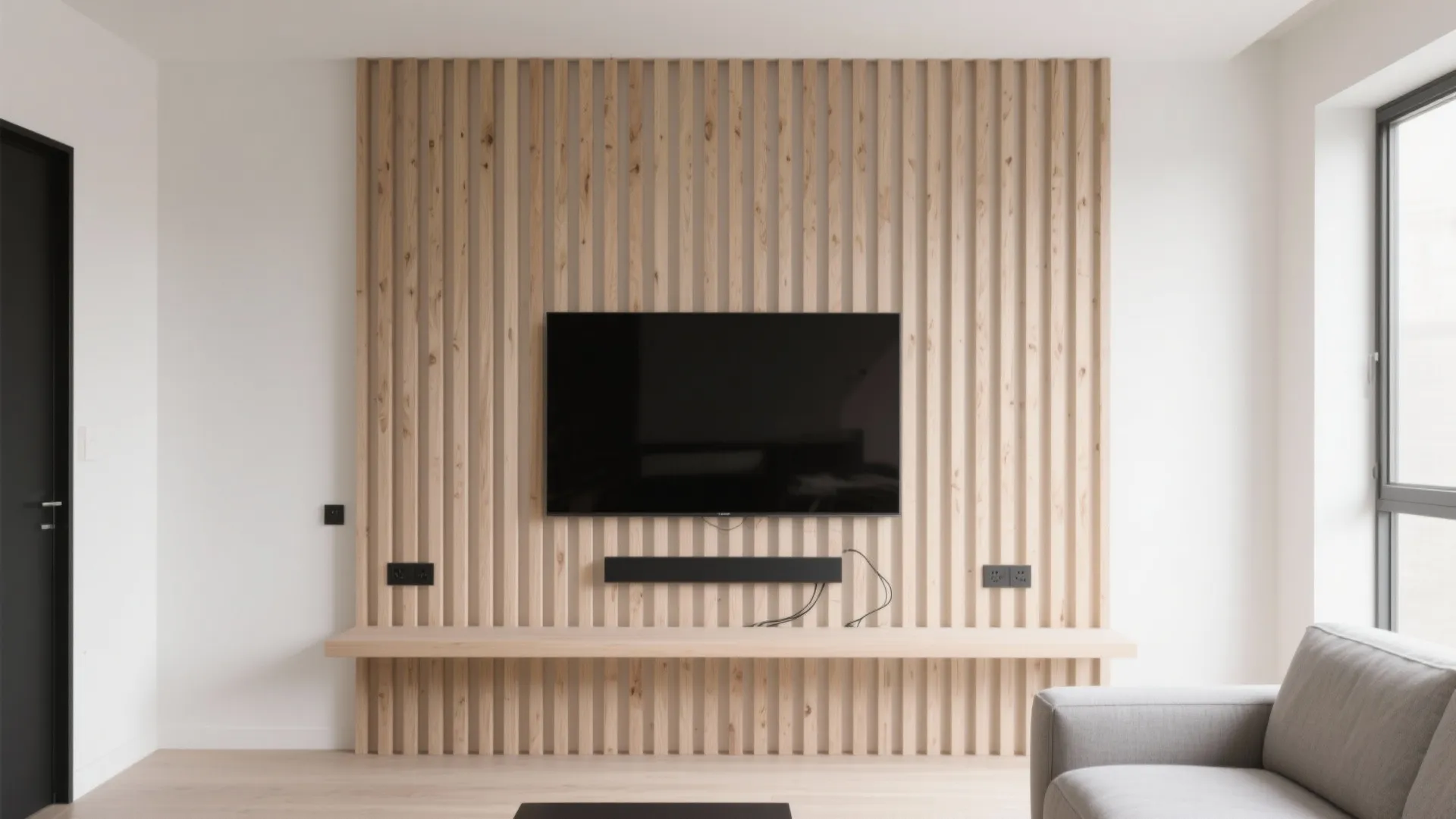 Minimalist living room featuring vertical wood wall panel, wall mounted television, and a grey sofa