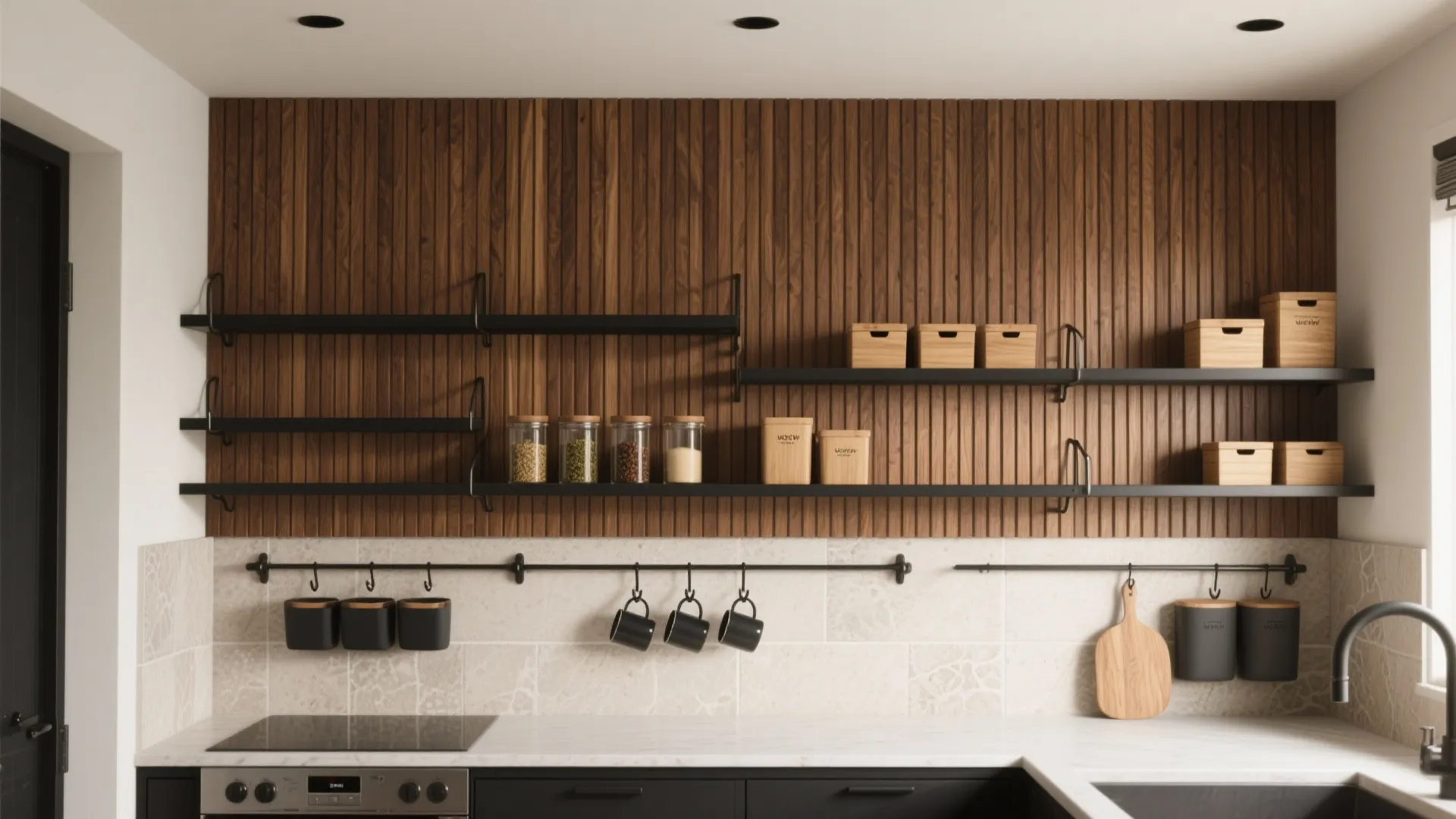 Modern kitchen with wood wall panel, black open shelves, marble tile backsplash, and hanging mugs