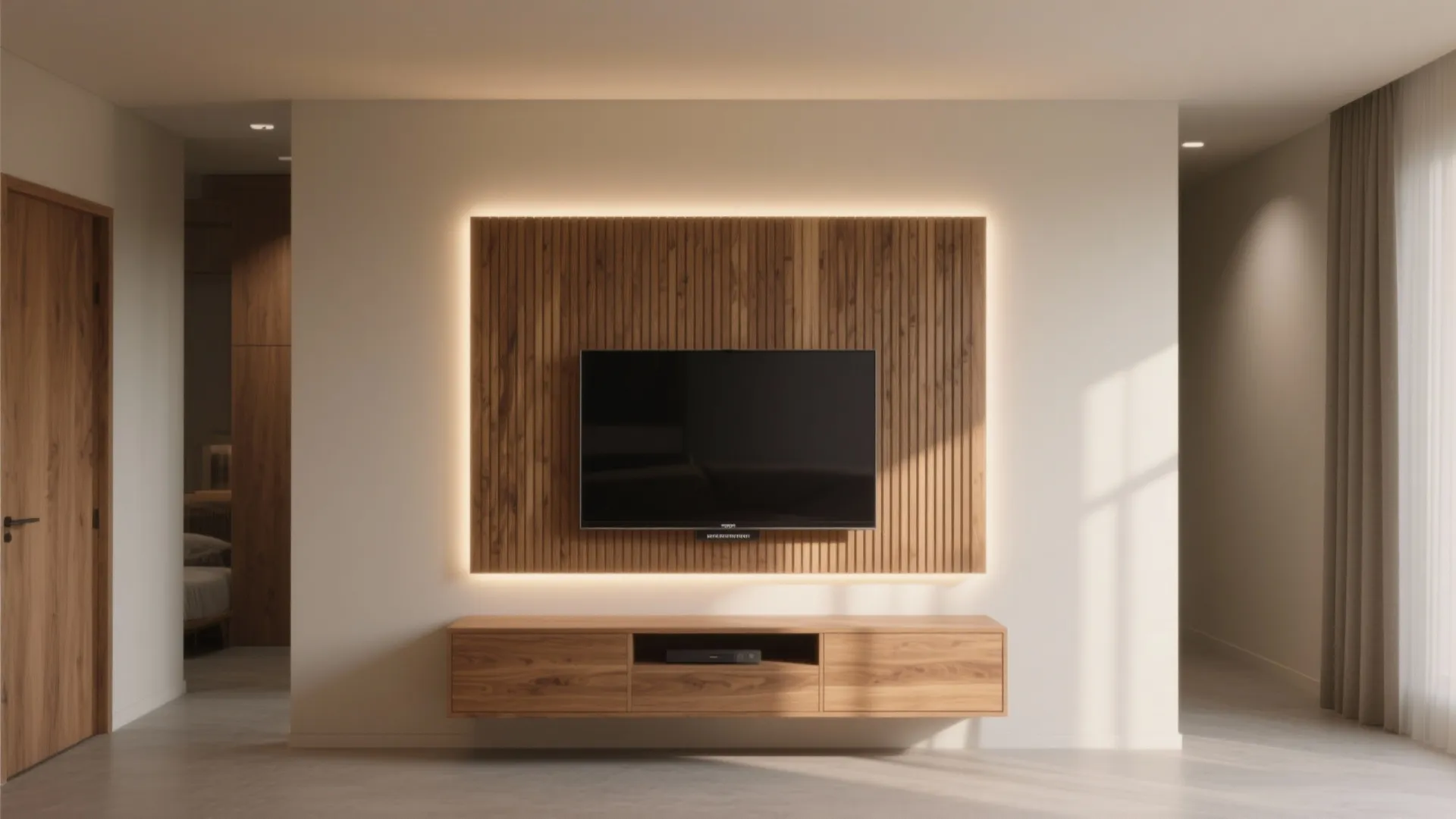Wall mounted television on wooden wall panel with backlight, floating cabinet, and neutral room colors