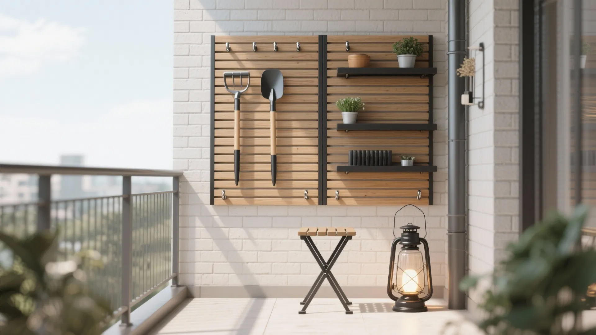 Wall-mounted slatted panels with hooks