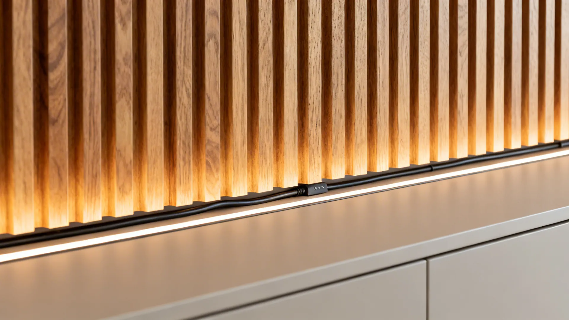 Macro of fluted oak slats with warm LED glow and concealed cable channel detail.
