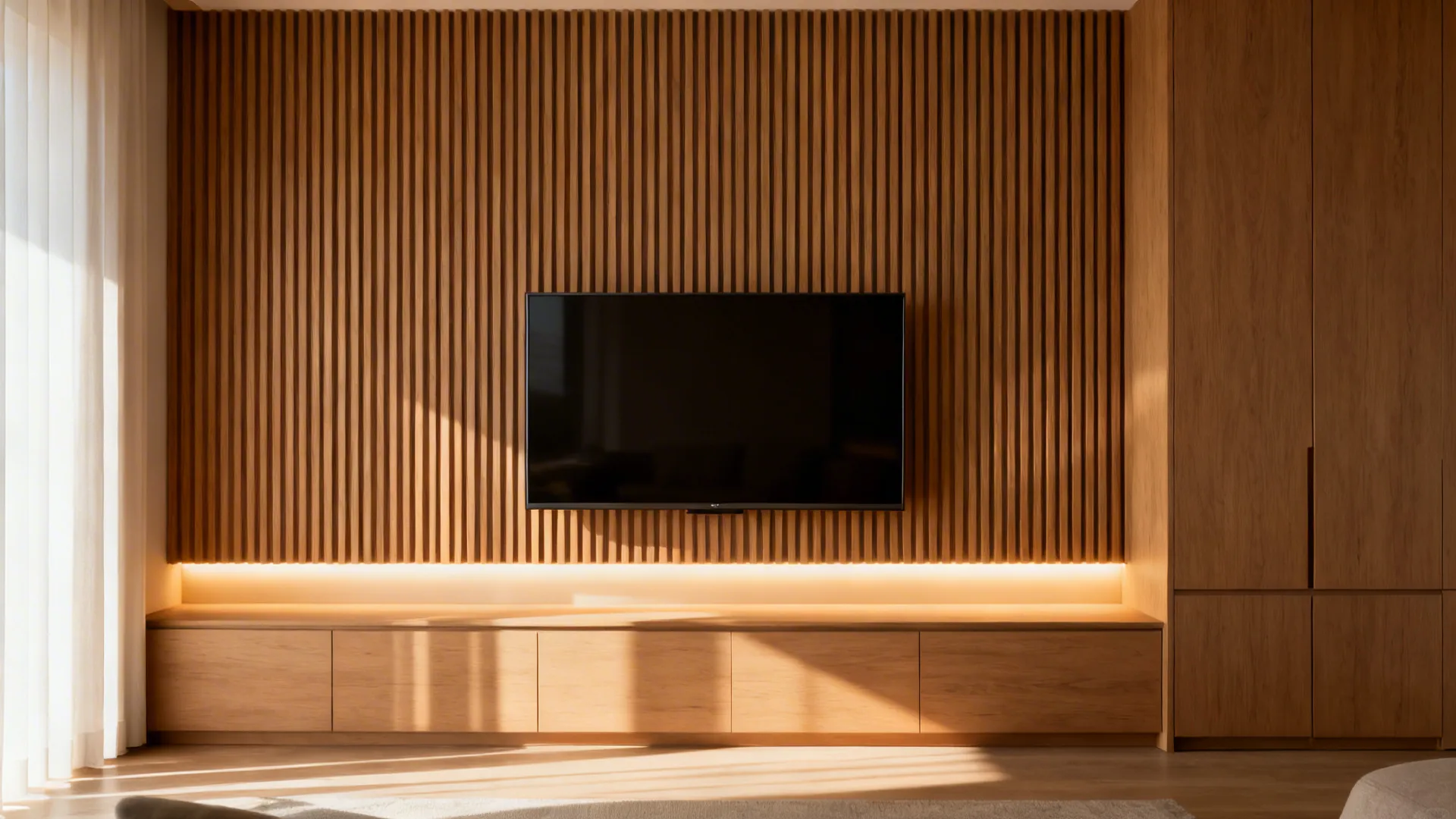 Vertical slatted wood paneling with a slim LCD TV and soft LED halo in a modern living room.