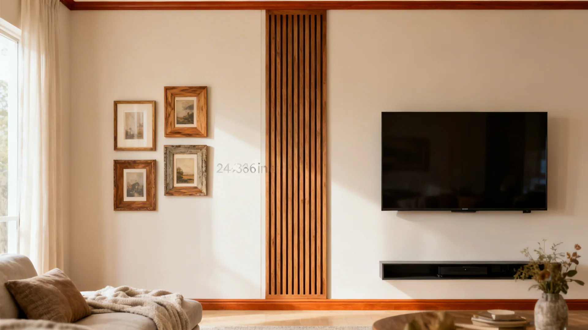 5) Warm Wood Accents: DIY Slatted Panel and Upcycled Frames