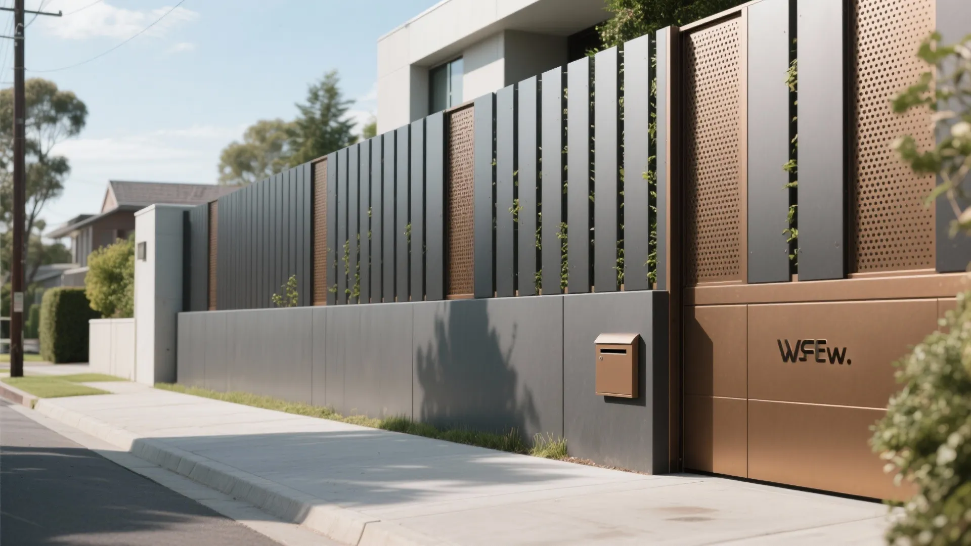 Modern black vertical slat fence on grey wall with bronze gate and brown metal mailbox