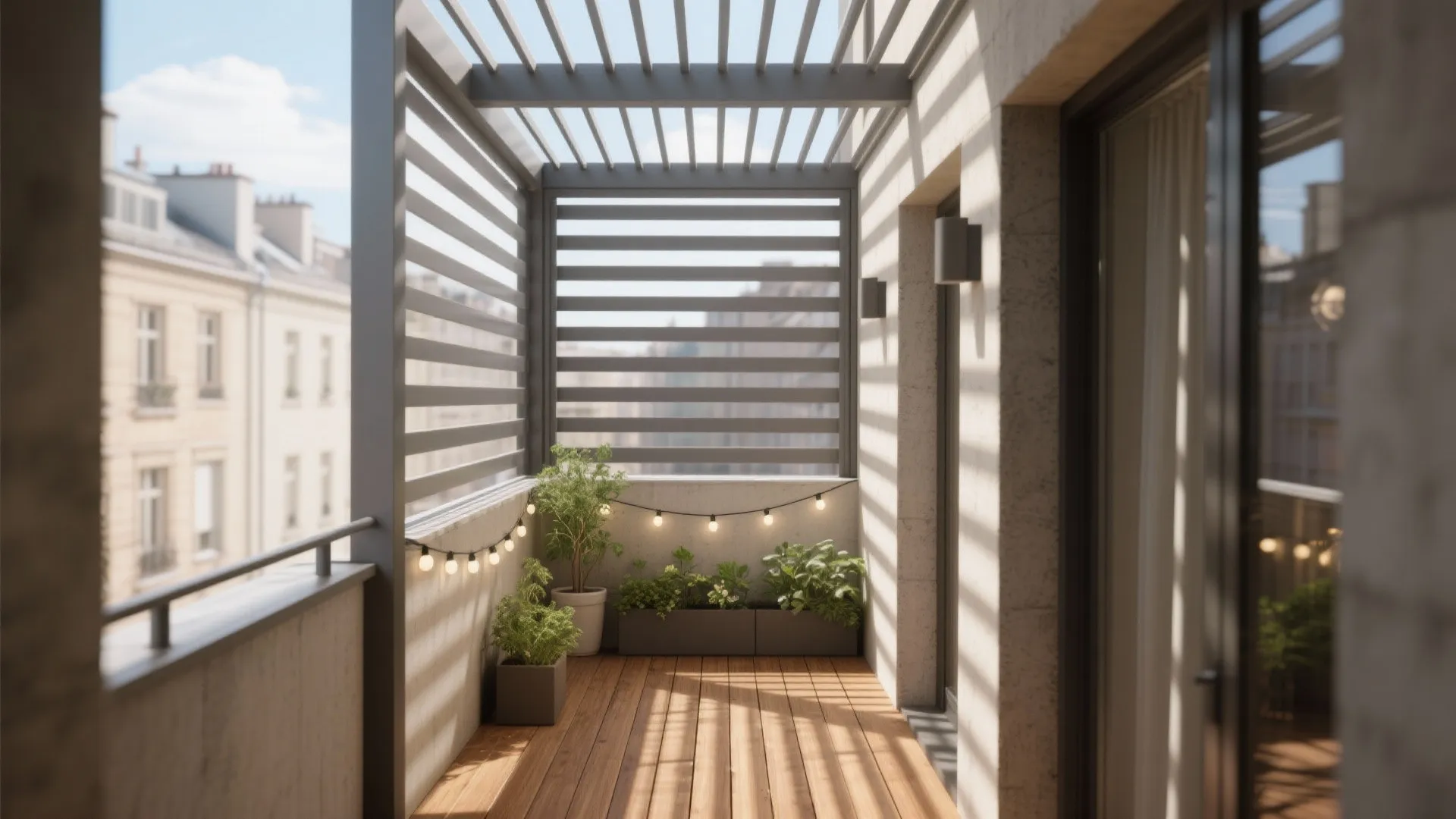 Modern balcony with wooden floor grey metal slatted pergola green plants and string lights decoration