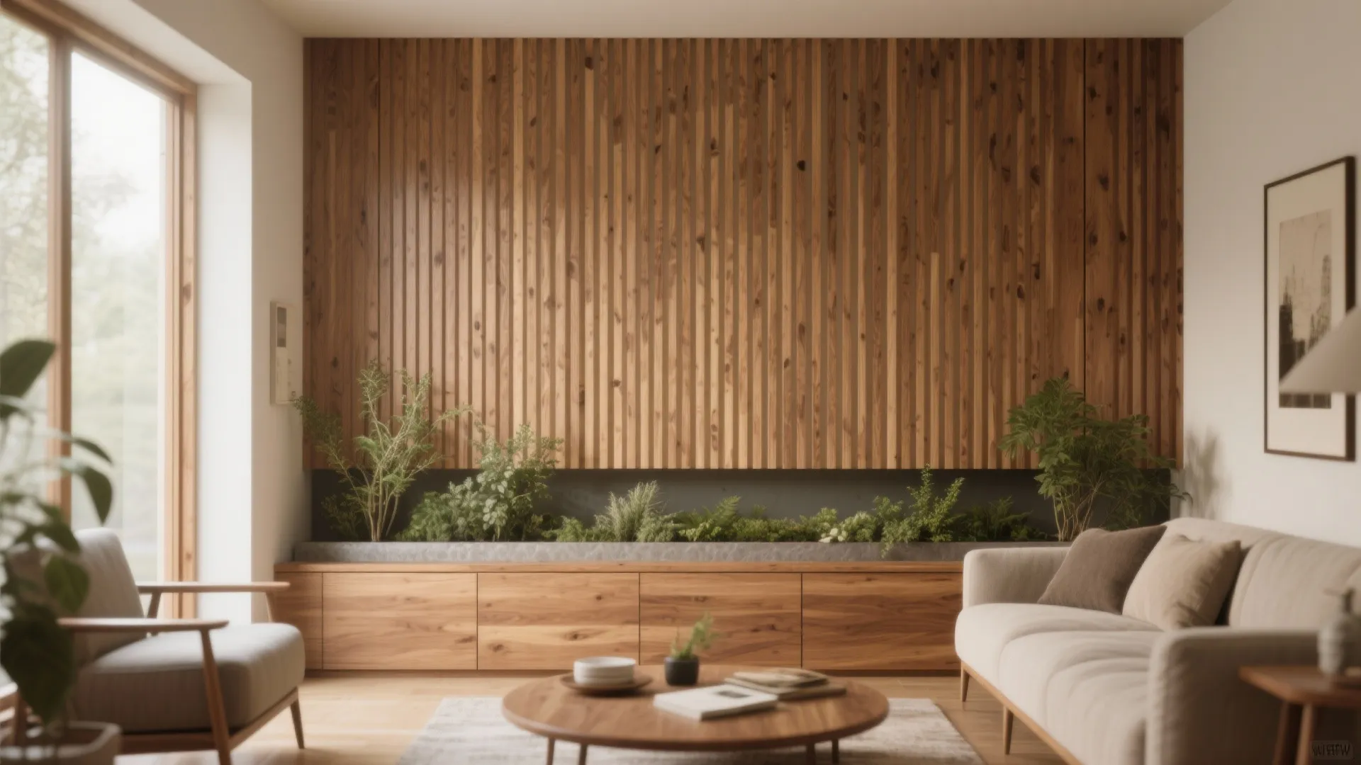 Mid-Century Slatted Half Wall with Planters