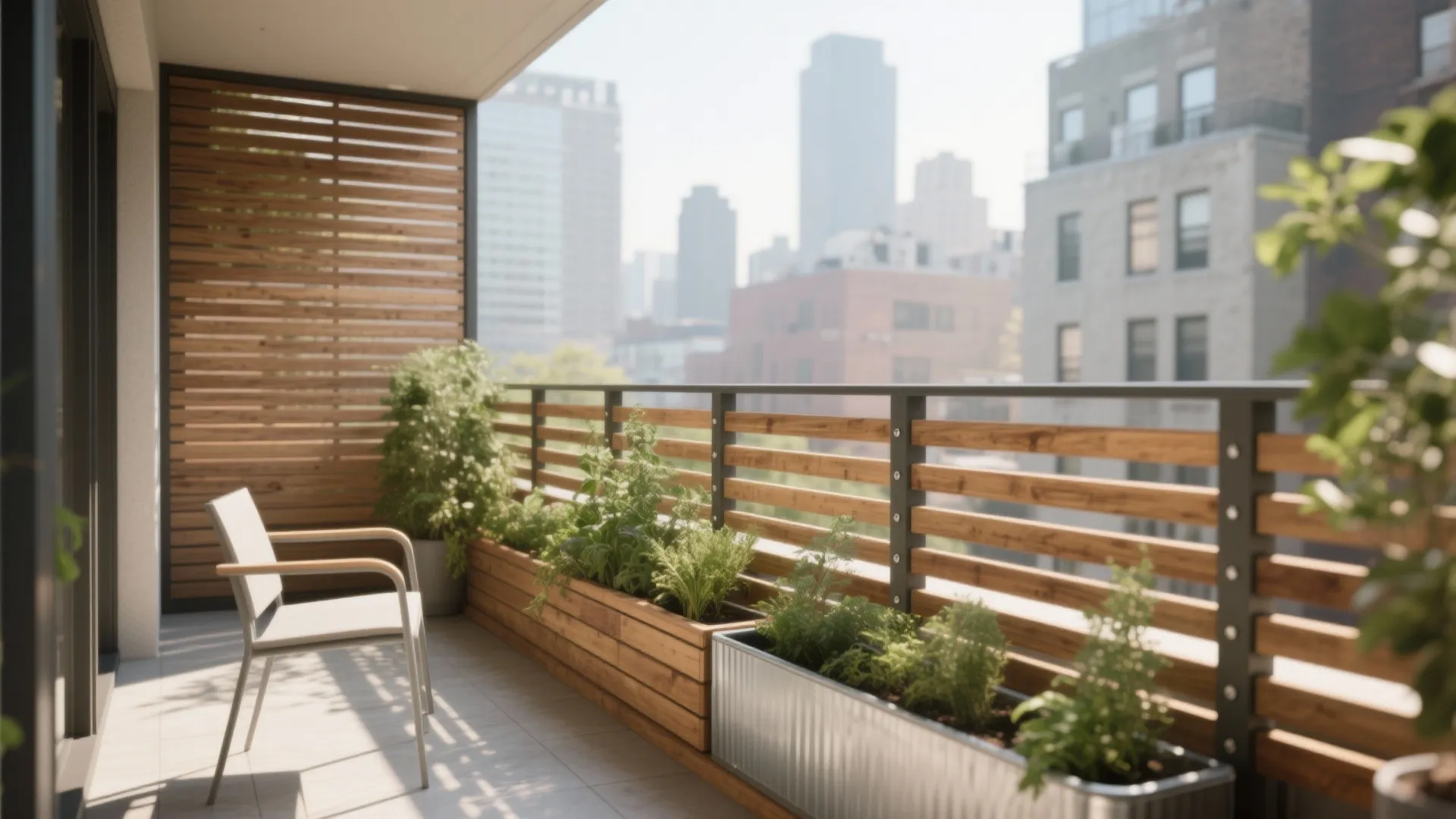 Apartment balcony featuring wooden privacy screen white chair and long planter boxes with green plants