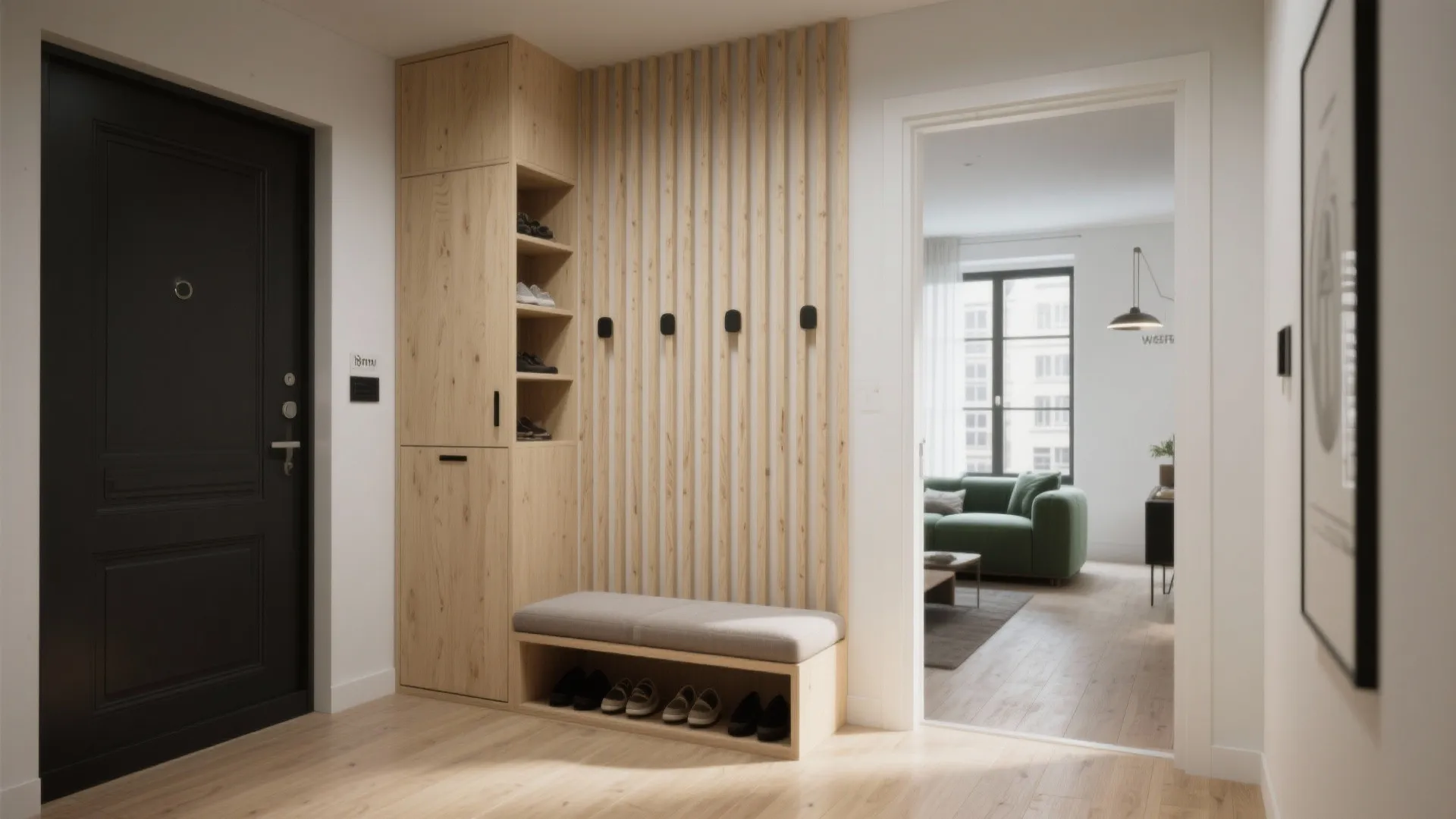 Minimalist slatted plywood partition with hidden storage
