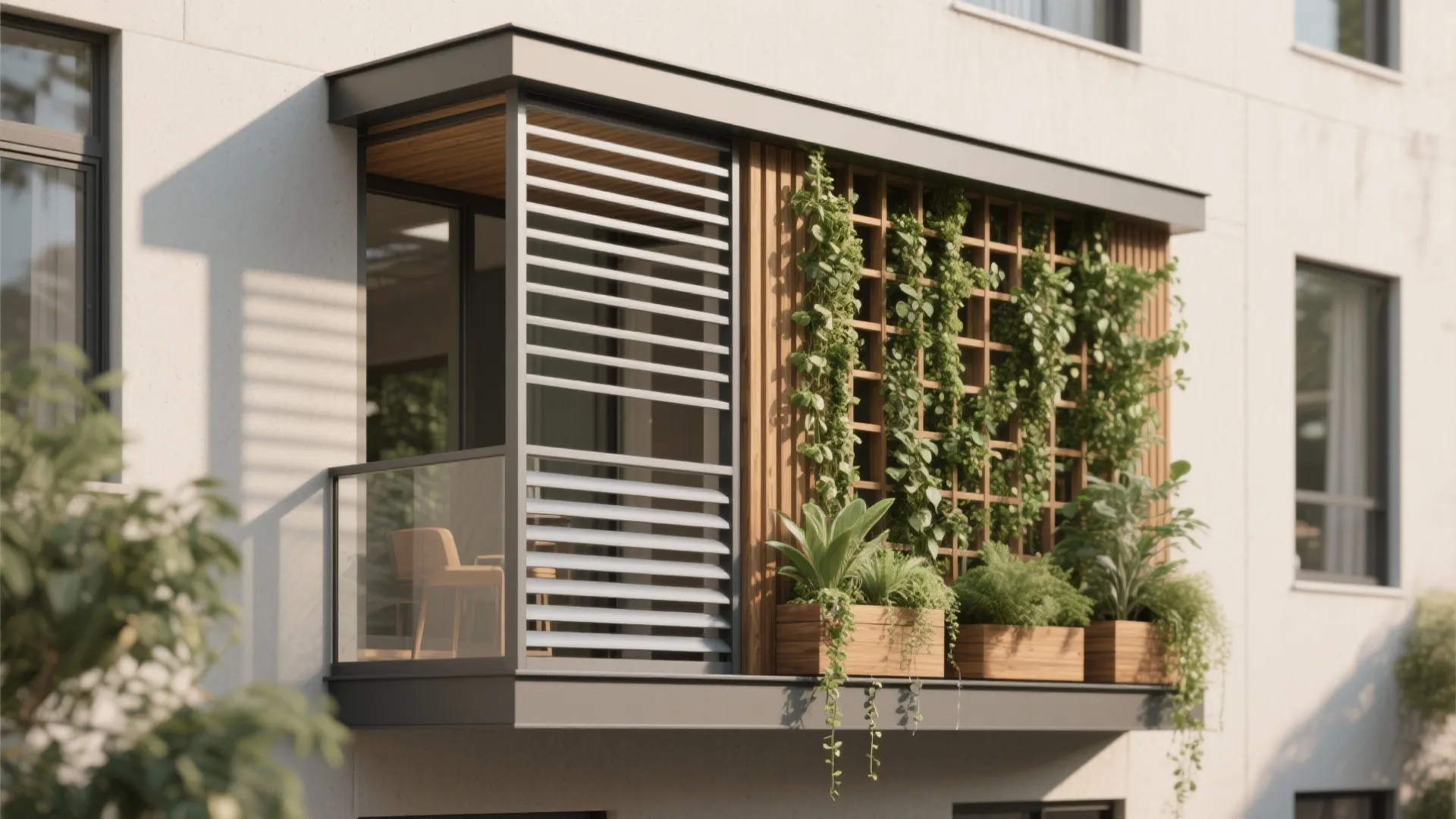 2) Semi-Enclosed Comfort: Slatted Privacy + Green Layering