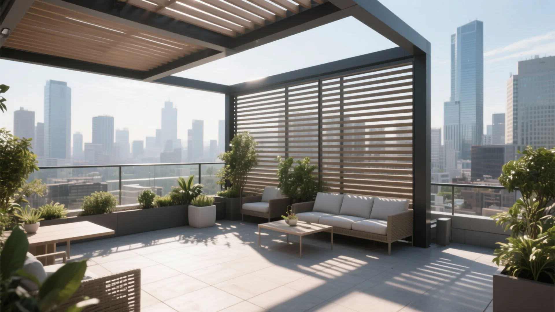 Rooftop terrace with grey sofa wooden privacy screen and tall city buildings in the sunny background