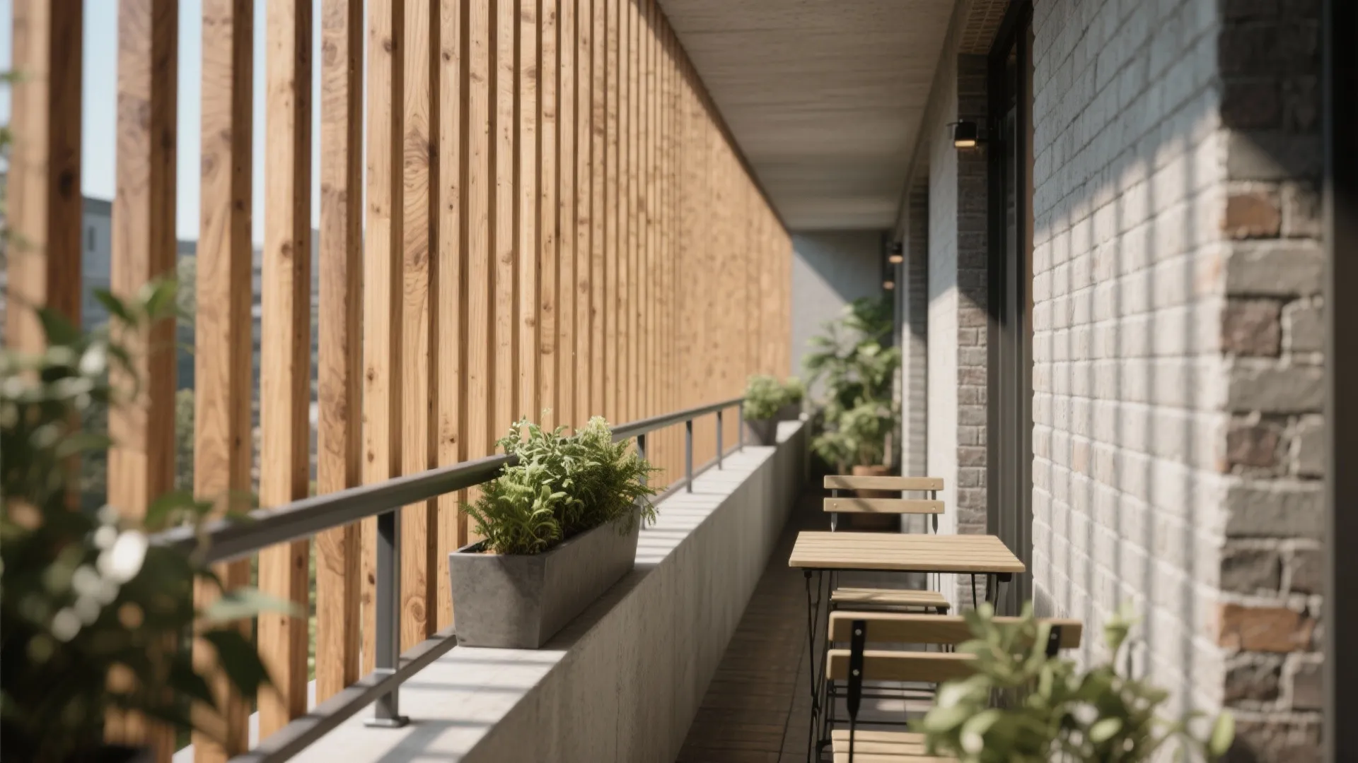 2) Vertical slatted timber or aluminum for privacy and rhythm