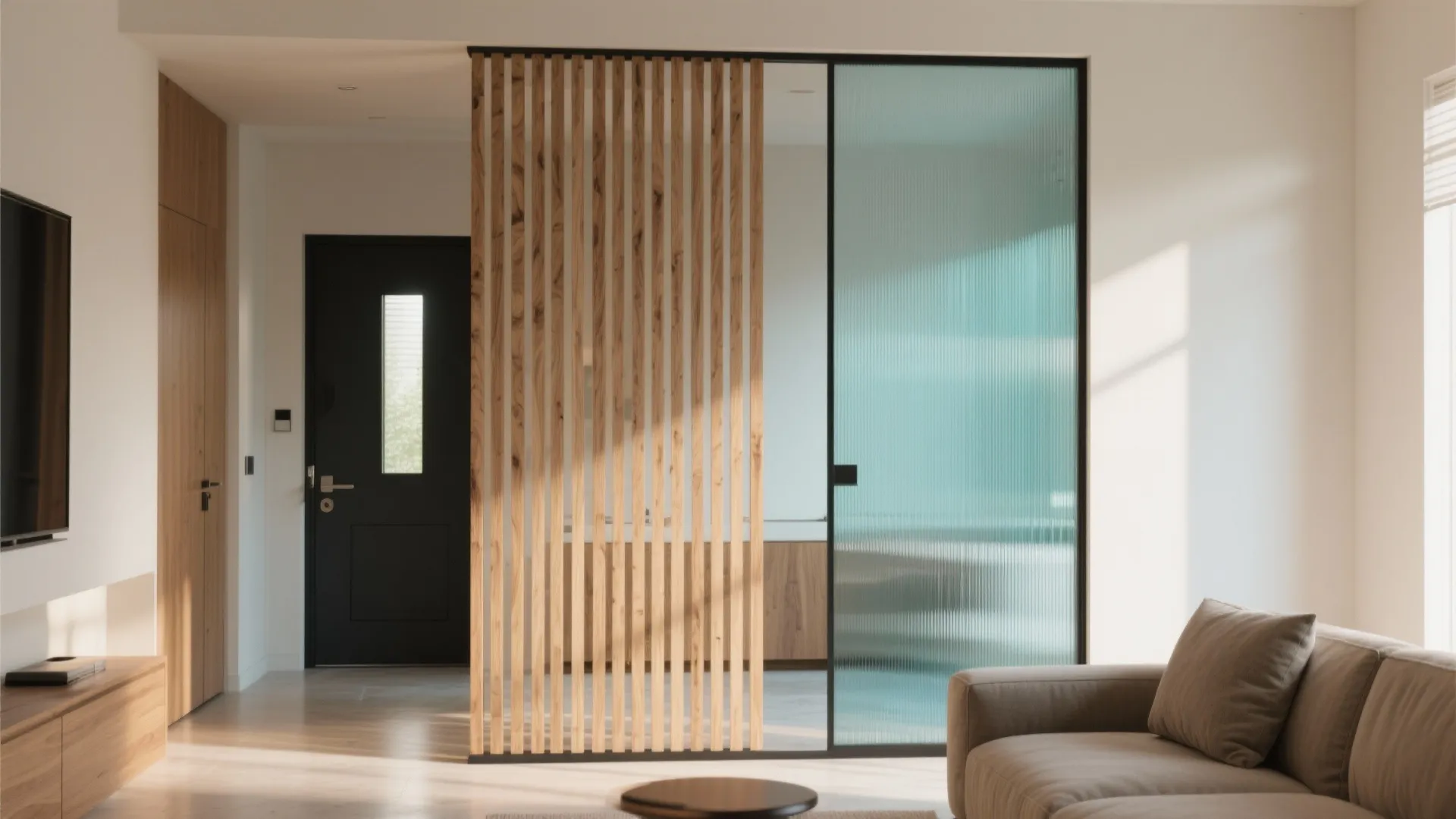 Bright living space with a tall wooden slat partition and textured glass sliding door panel