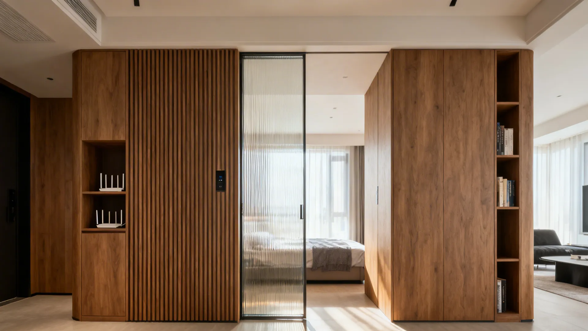 Wooden wall panel and glass door separating a living area from a bedroom with cabinets