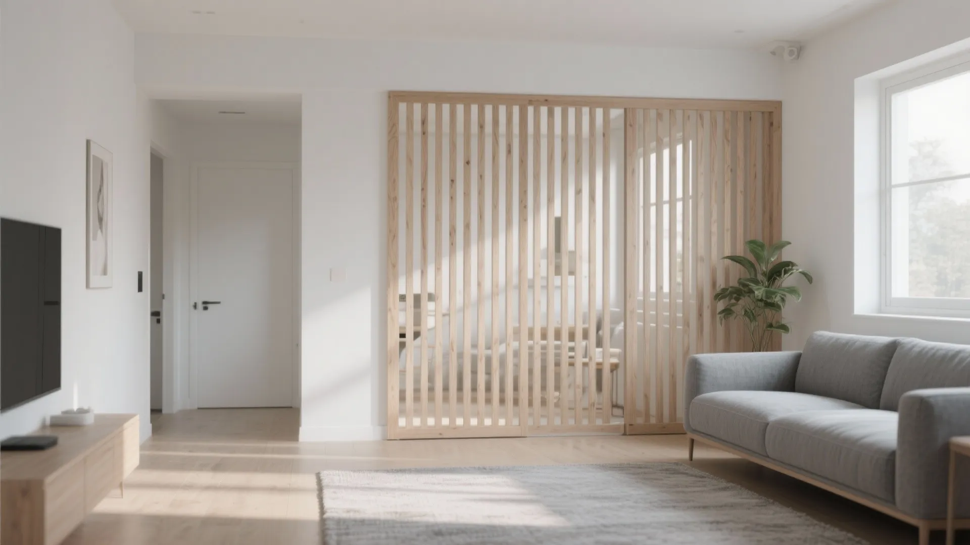 Modern living room featuring grey sofa wooden slat divider white walls rug and natural light