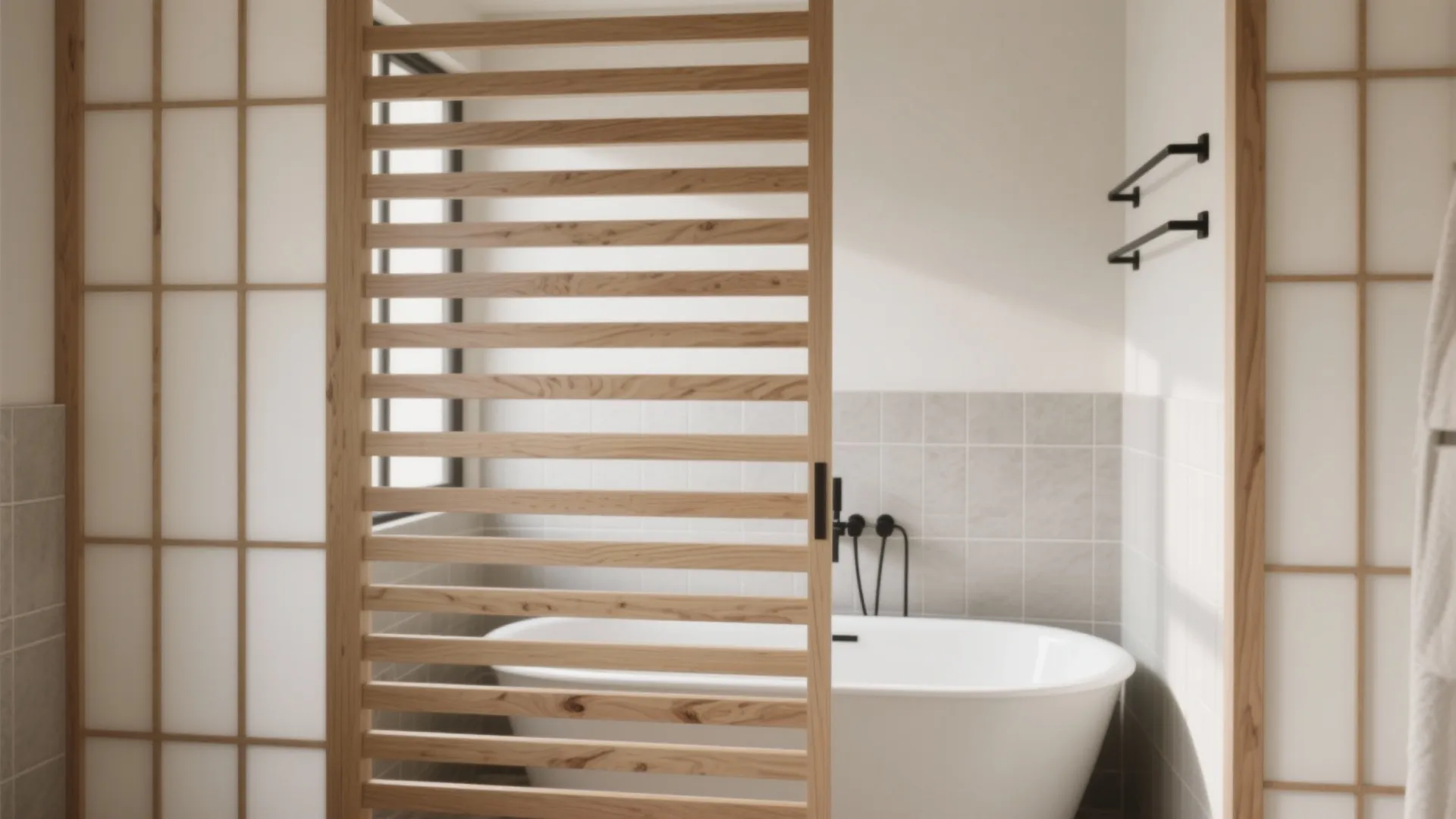 Light wood slatted sliding screen used as a room divider in a white modern bathroom