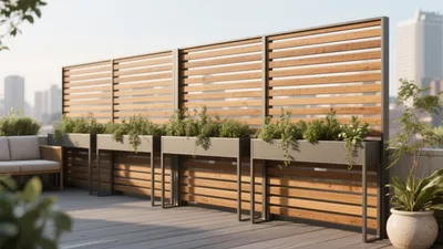 Modern Outdoor Deck with Wooden Slatted Screen & Greenery