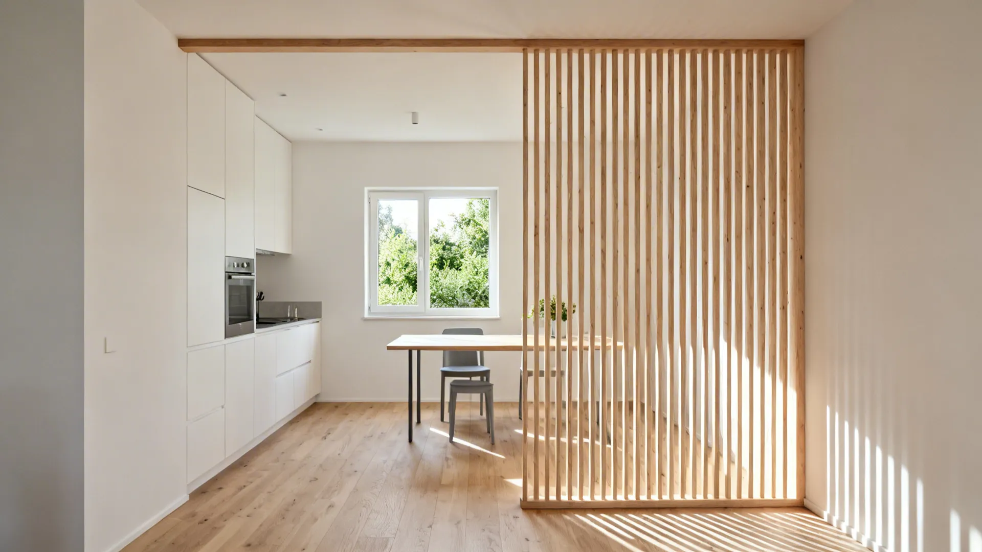 Vertical slatted birch plywood screen filters light between a compact kitchen and dining area.