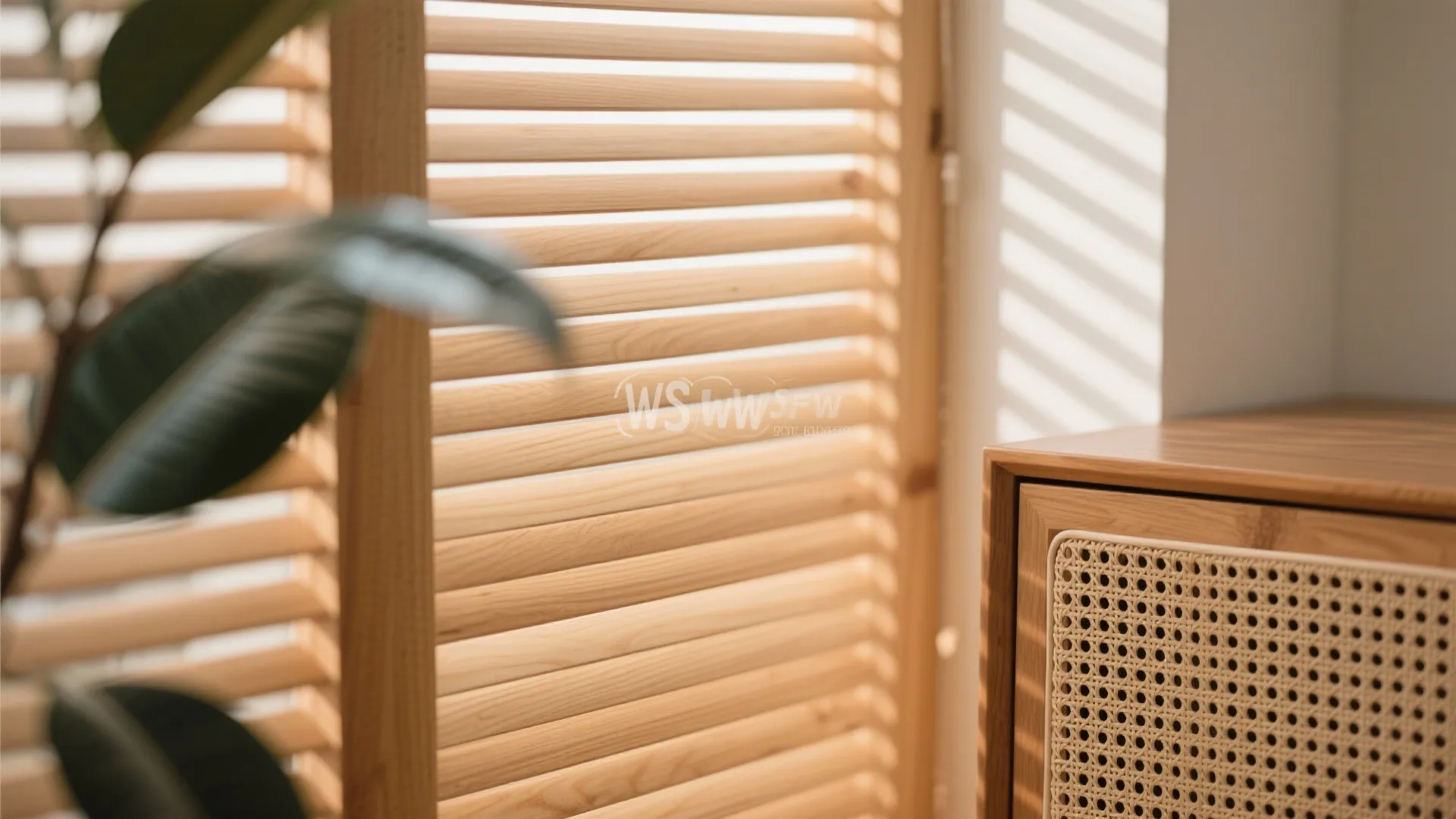 Close up of wooden window blinds with sunlight casting shadows next to a woven cabinet