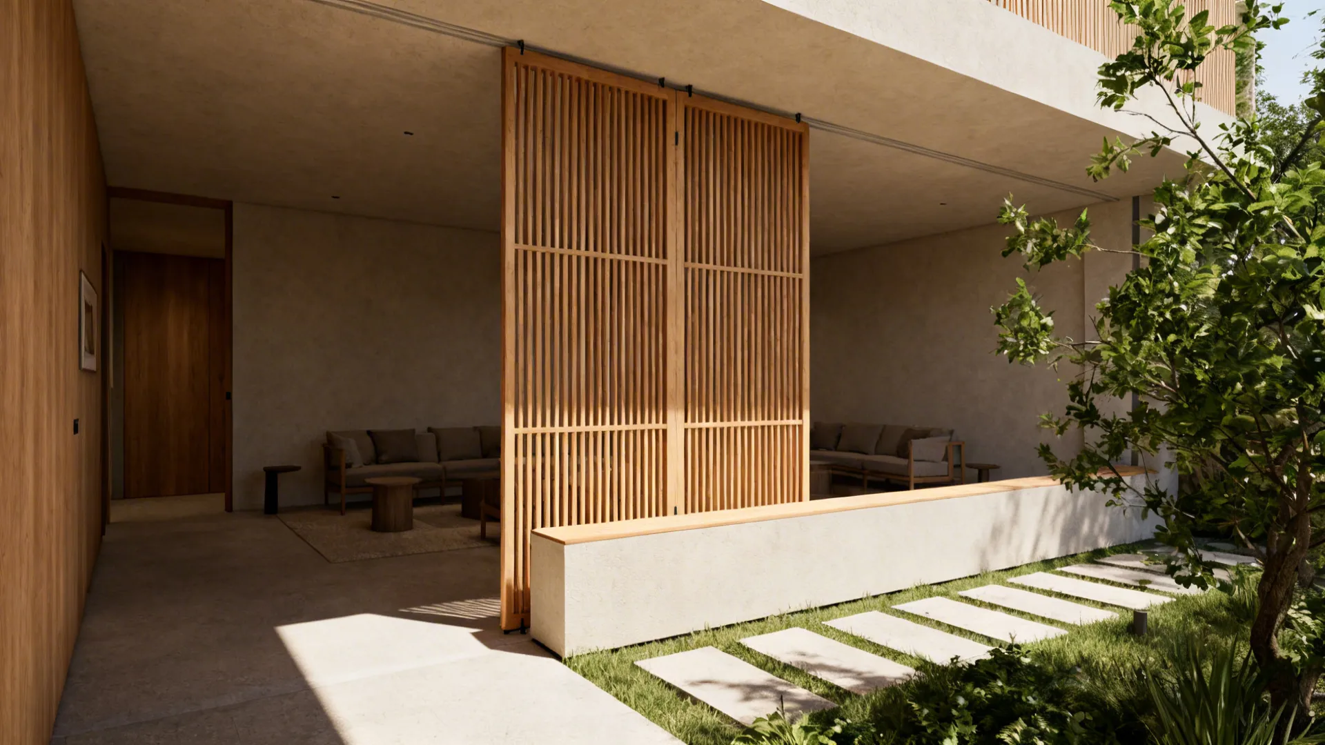 Wooden slatted screen guiding the pathway from the door into the living room