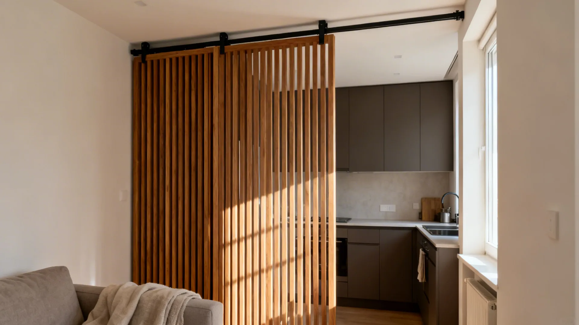 Vertical oak slat screen slides to partially close an open kitchen without blocking light.