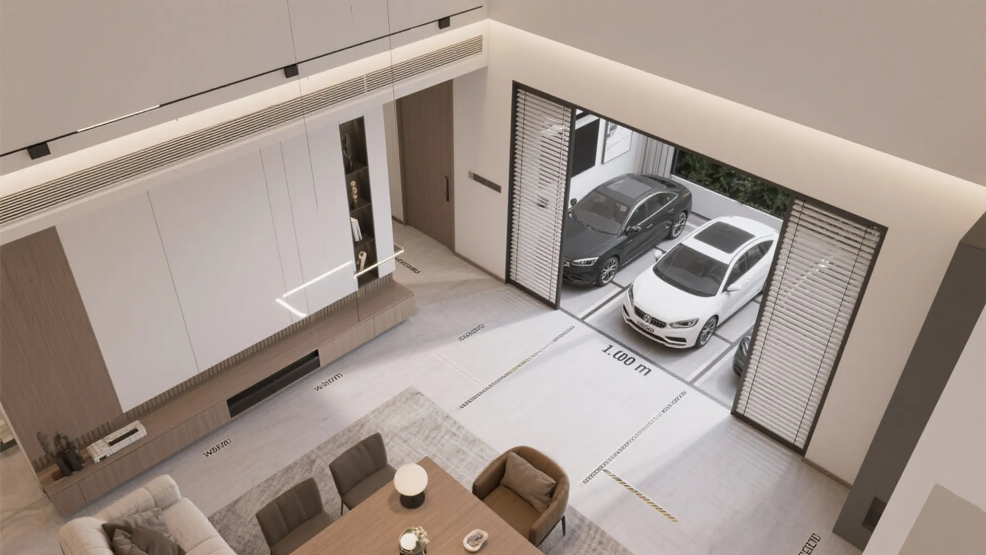 Interior design drawing showing top view of open living area with cars in garage space