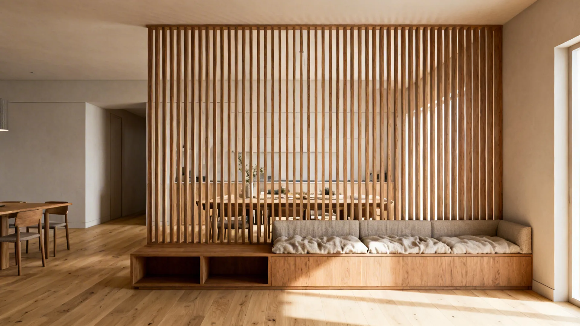 Vertical oak slatted screen on a low bench subtly separates living and dining areas.