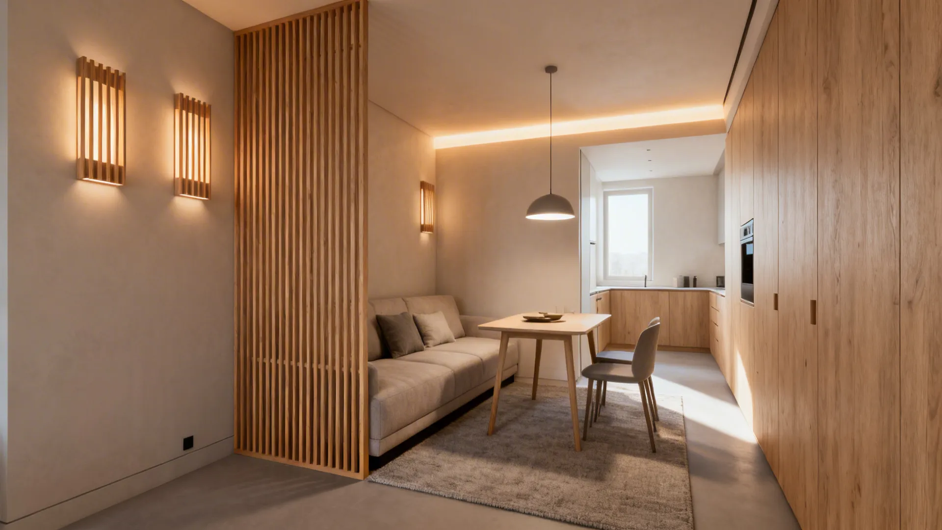 Oak slatted screen near a sofa creates a subtle divider with layered lighting in a compact living-dining room.