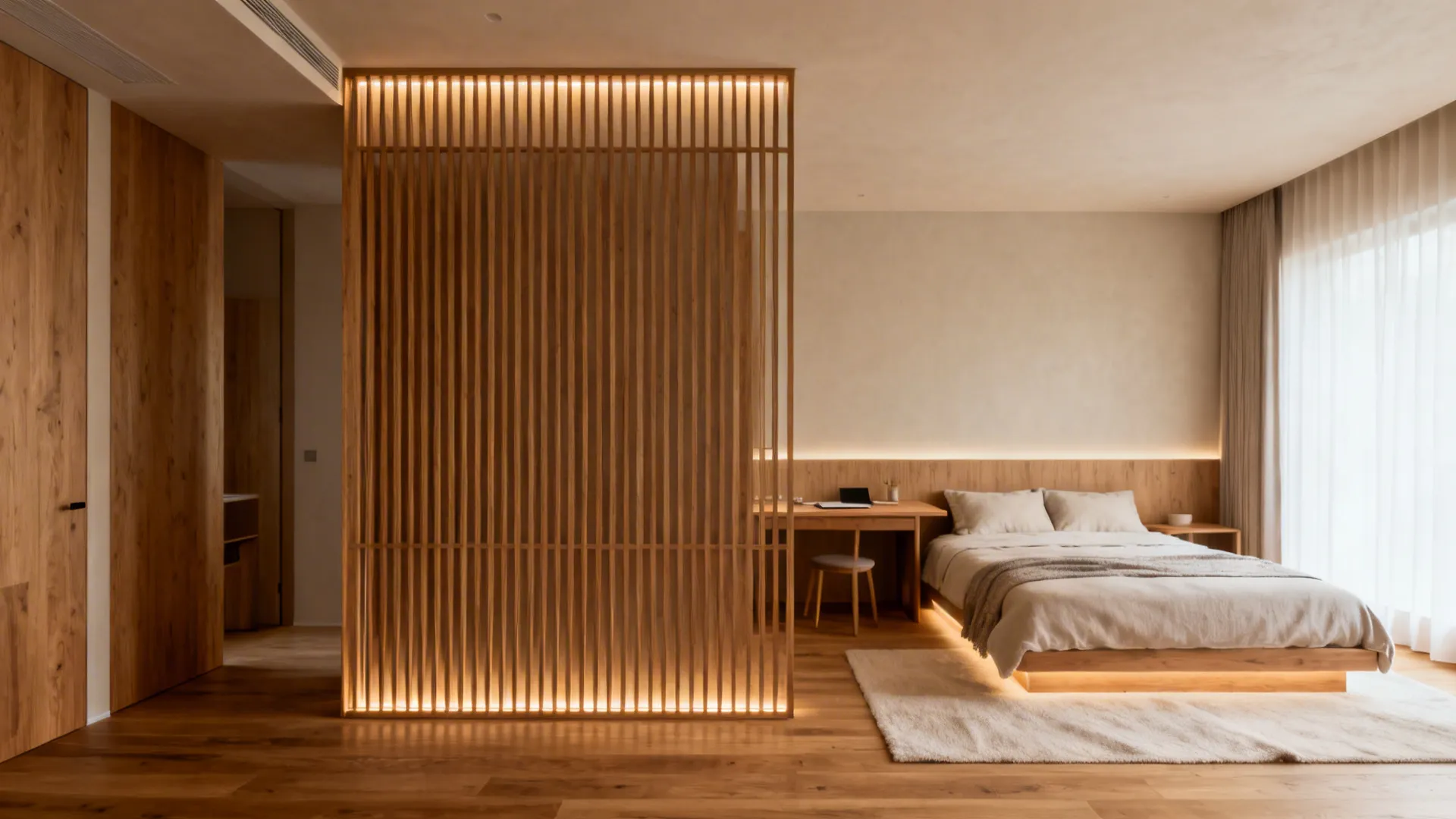 Floor-to-Ceiling Slatted Wood Screen