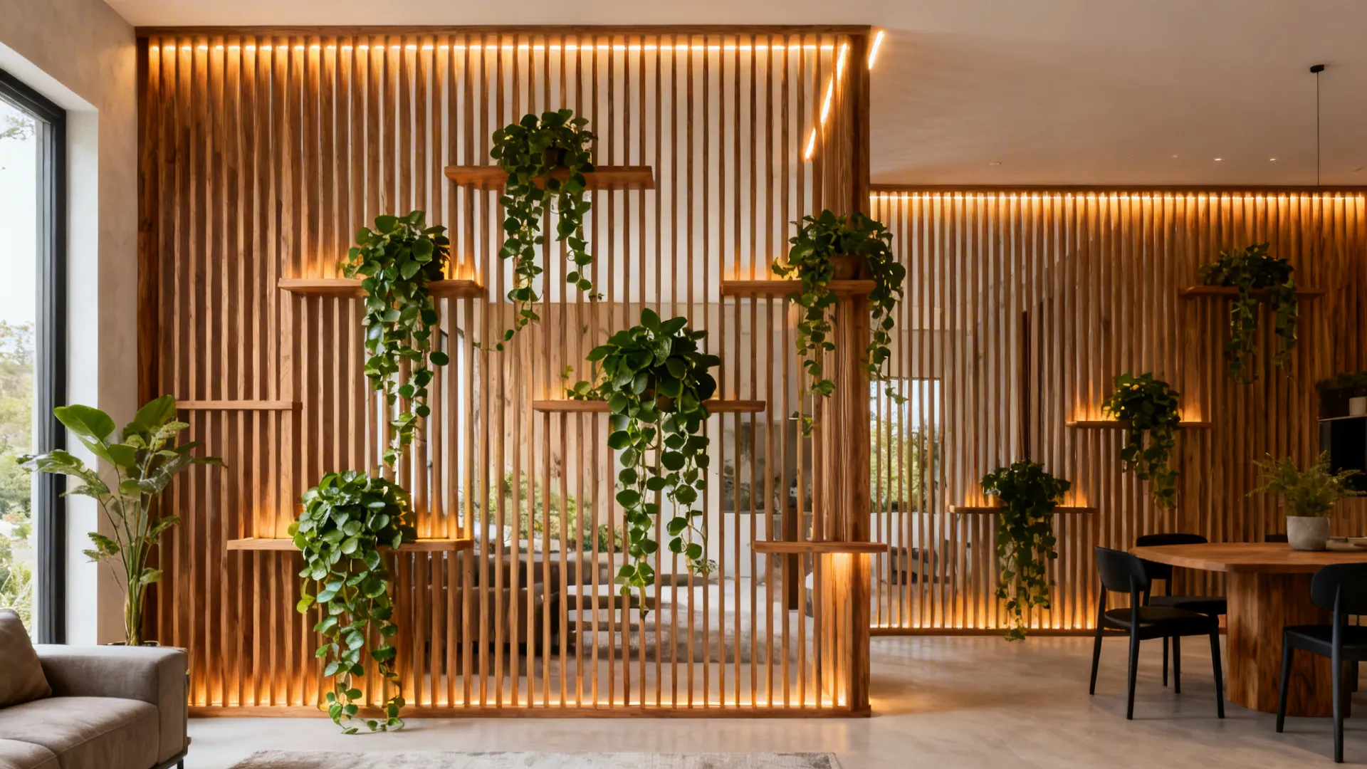 Oak slatted wood screen with plant shelves softly divides living and dining spaces.