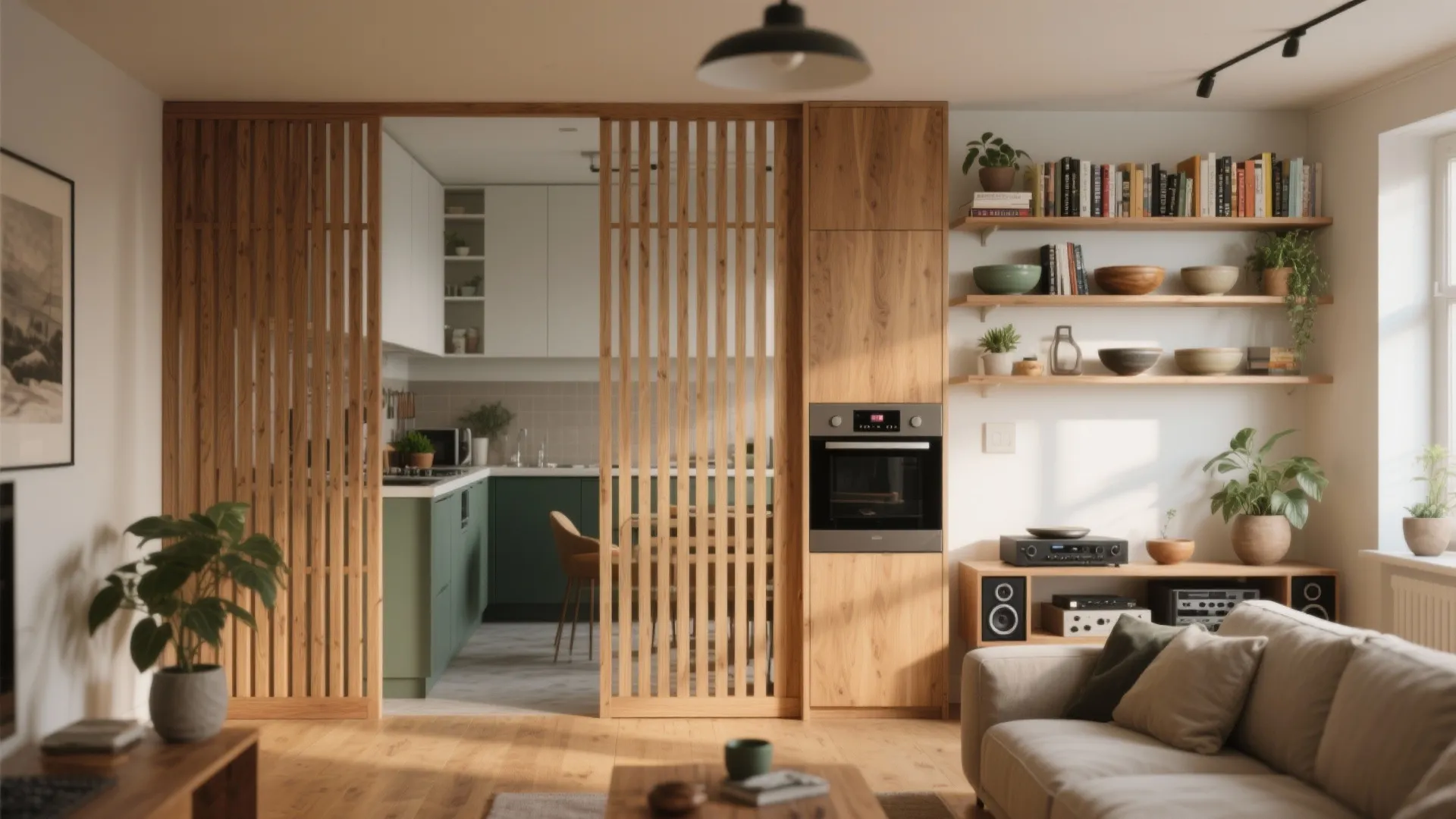 An oak slatted screen and two-sided bookcase define zones while keeping light and airflow.