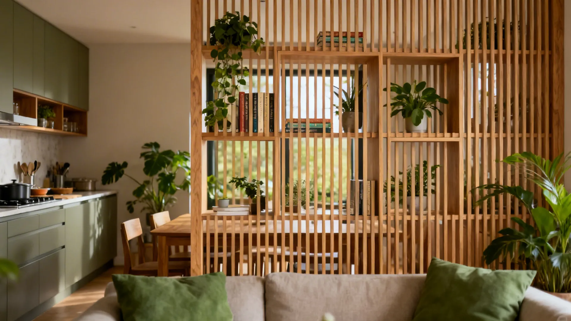 Slatted oak shelving divider with plants softly separates kitchen and living room.