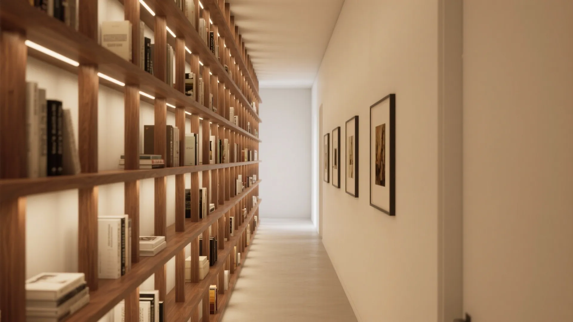 Long narrow hallway featuring large wooden bookshelf with lights and framed art on white wall