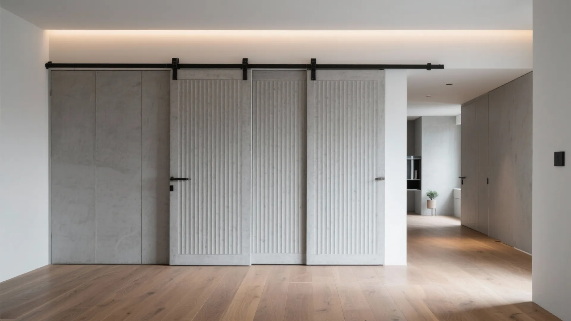 Modern grey sliding doors with vertical lines on black tracks in room with wood floors
