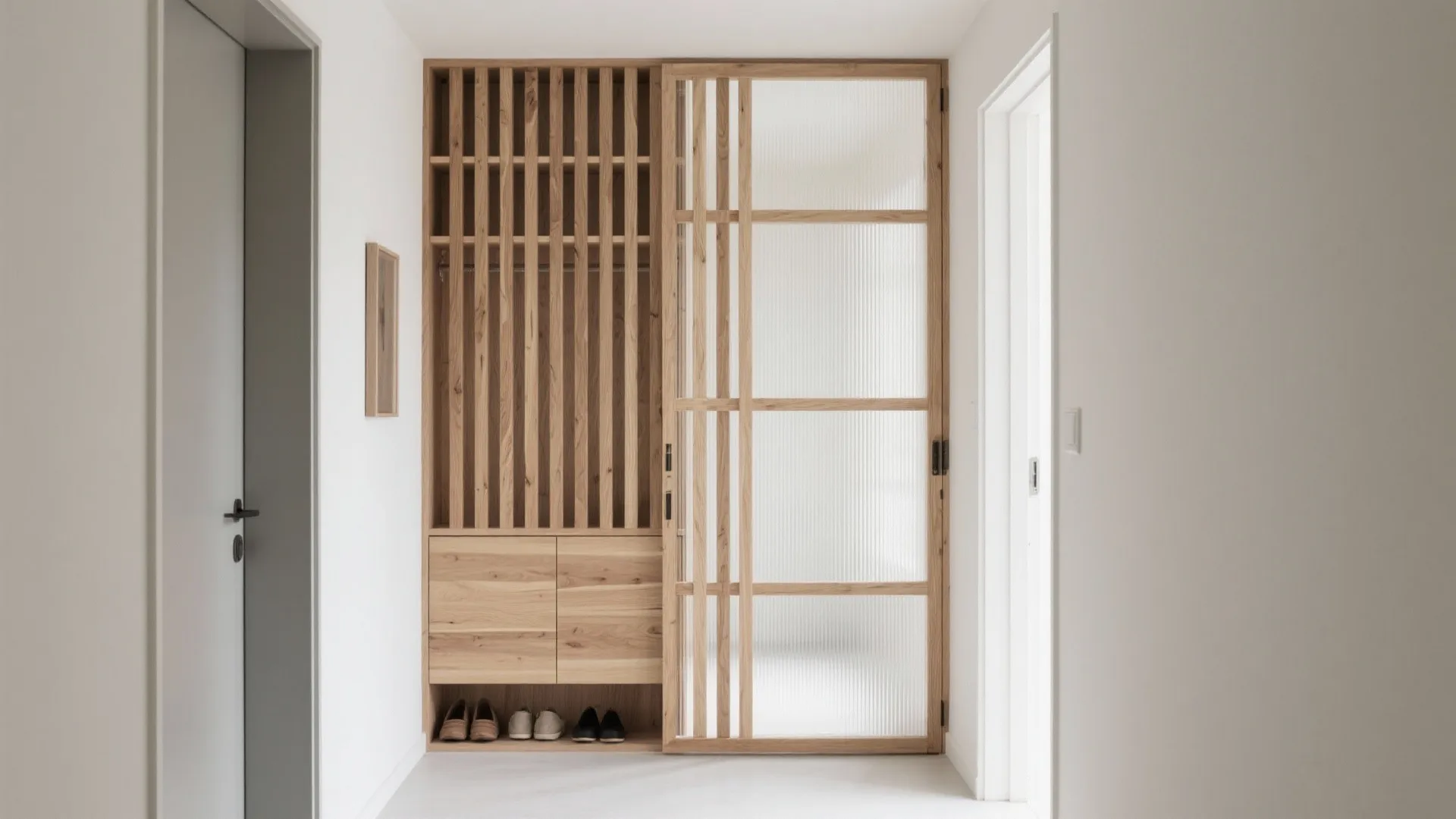 Slatted oak hall partition wall design with hidden shoe cabinet, warm minimalist entry, preserves light and airflow.